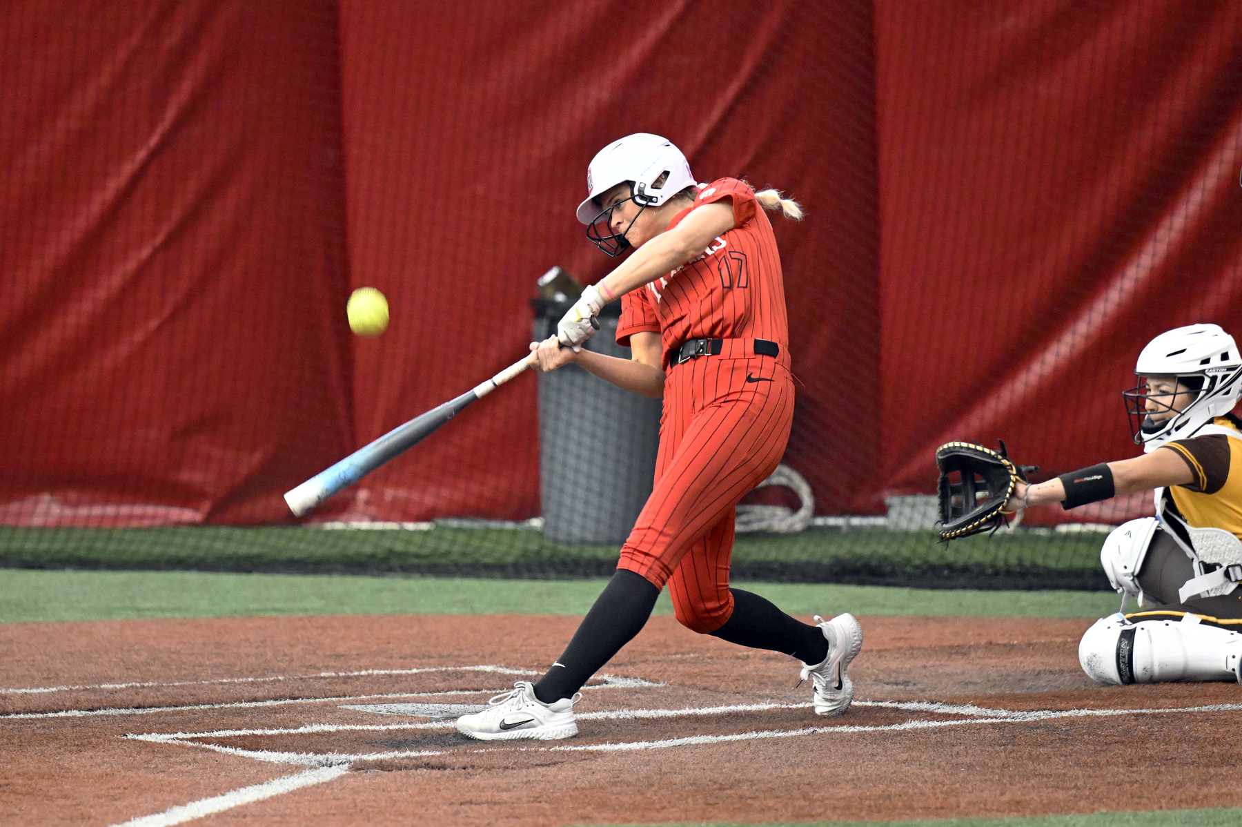 Detroit Mercy’s Hannah Schlachter (17) bats against Valparaiso, Saturday, February 7, 2026, at The Dome at the Parkway Bank Sports Complex in Rosemont, IL.