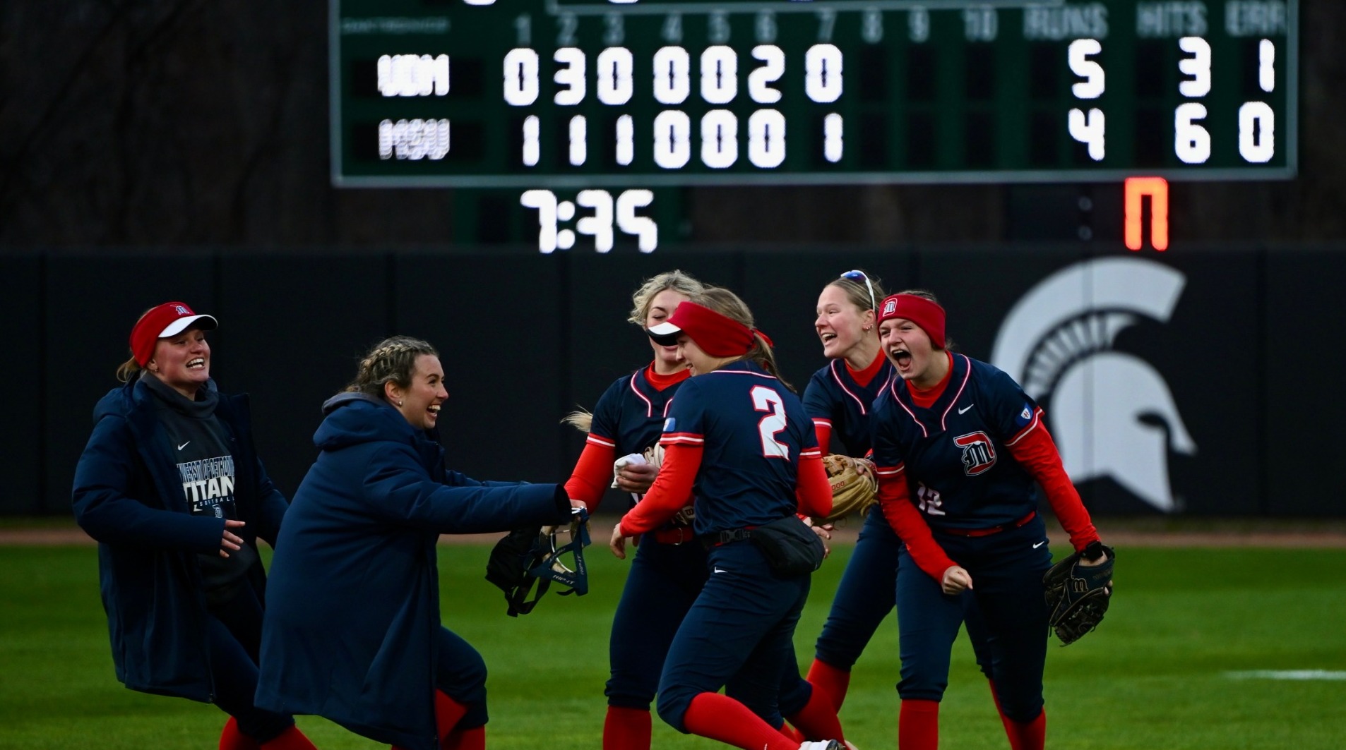 The UDM Softball team celebrated a win at MSU for the first time since 2008