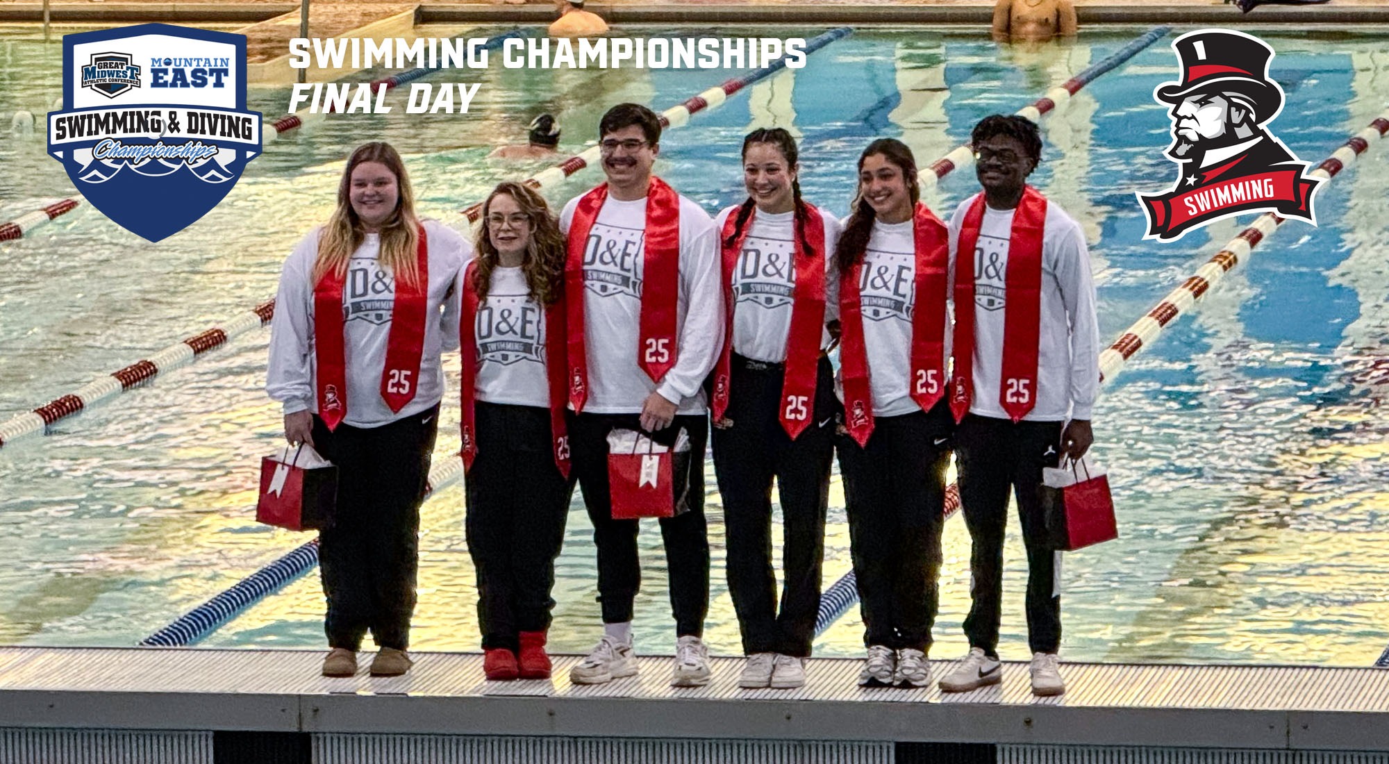 2025 GMAC/MEC swimming championships D&E seniors stand on pool deck
