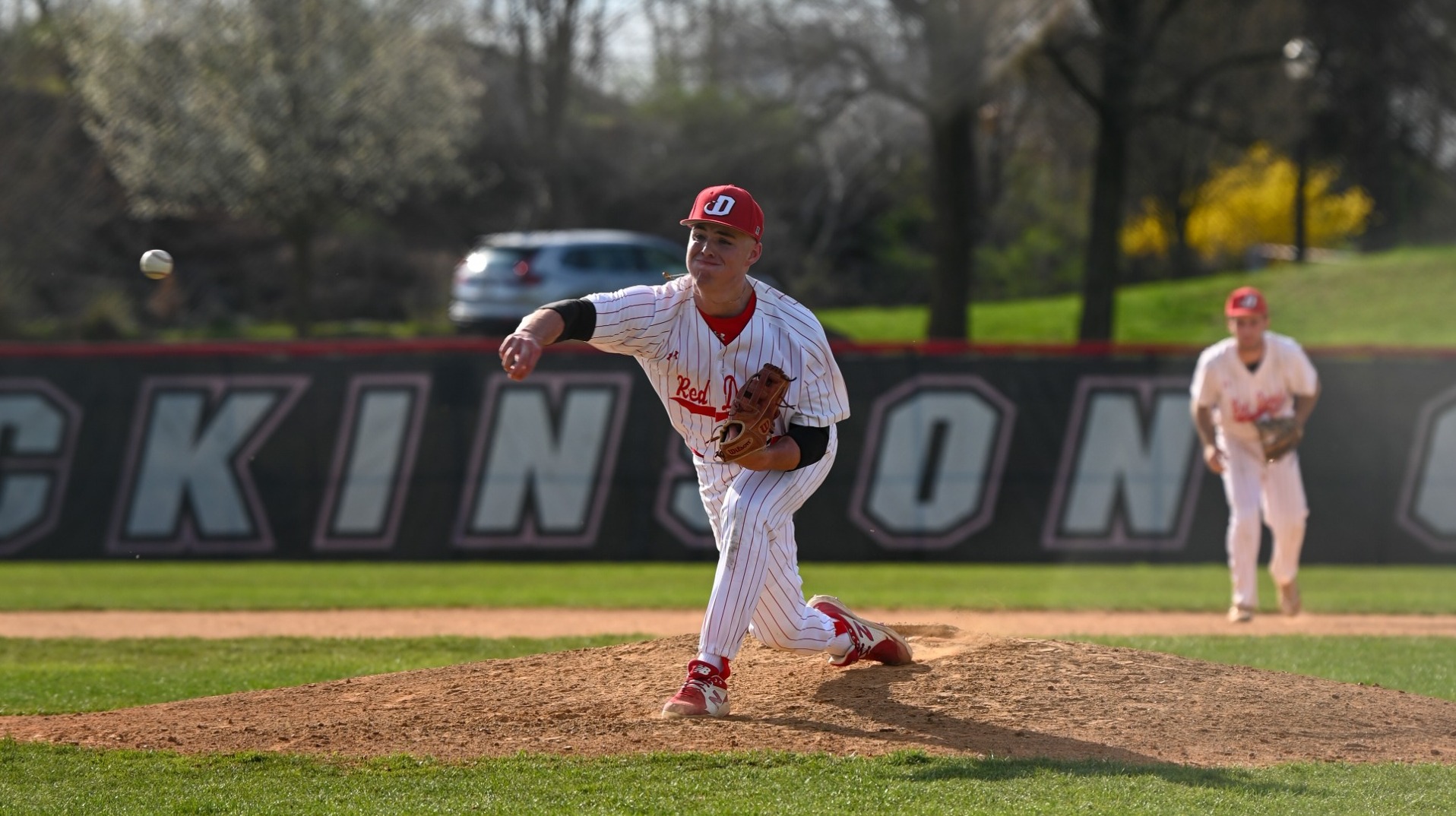 Charlie Bien delivering a pitch against McDaniel College on 4-4-23