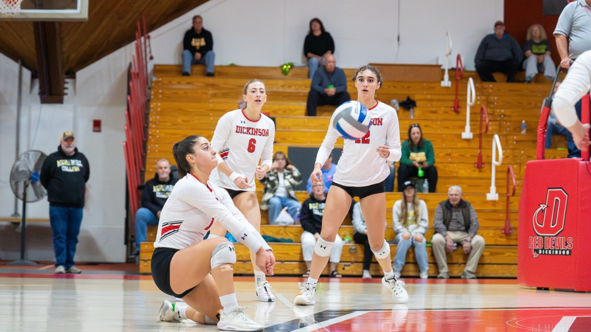 Grace Coccagna going for a dig against McDaniel College on 10-16-24