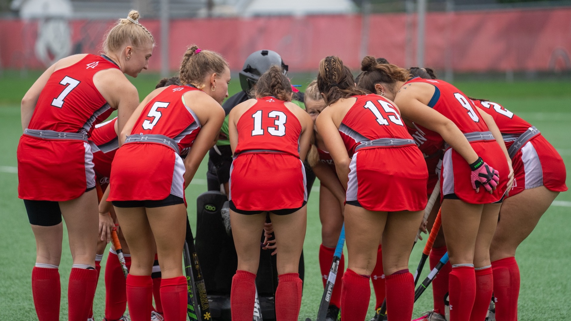 Dickinson field hockey starting lineup huddle against Haverford College during the 2024 season