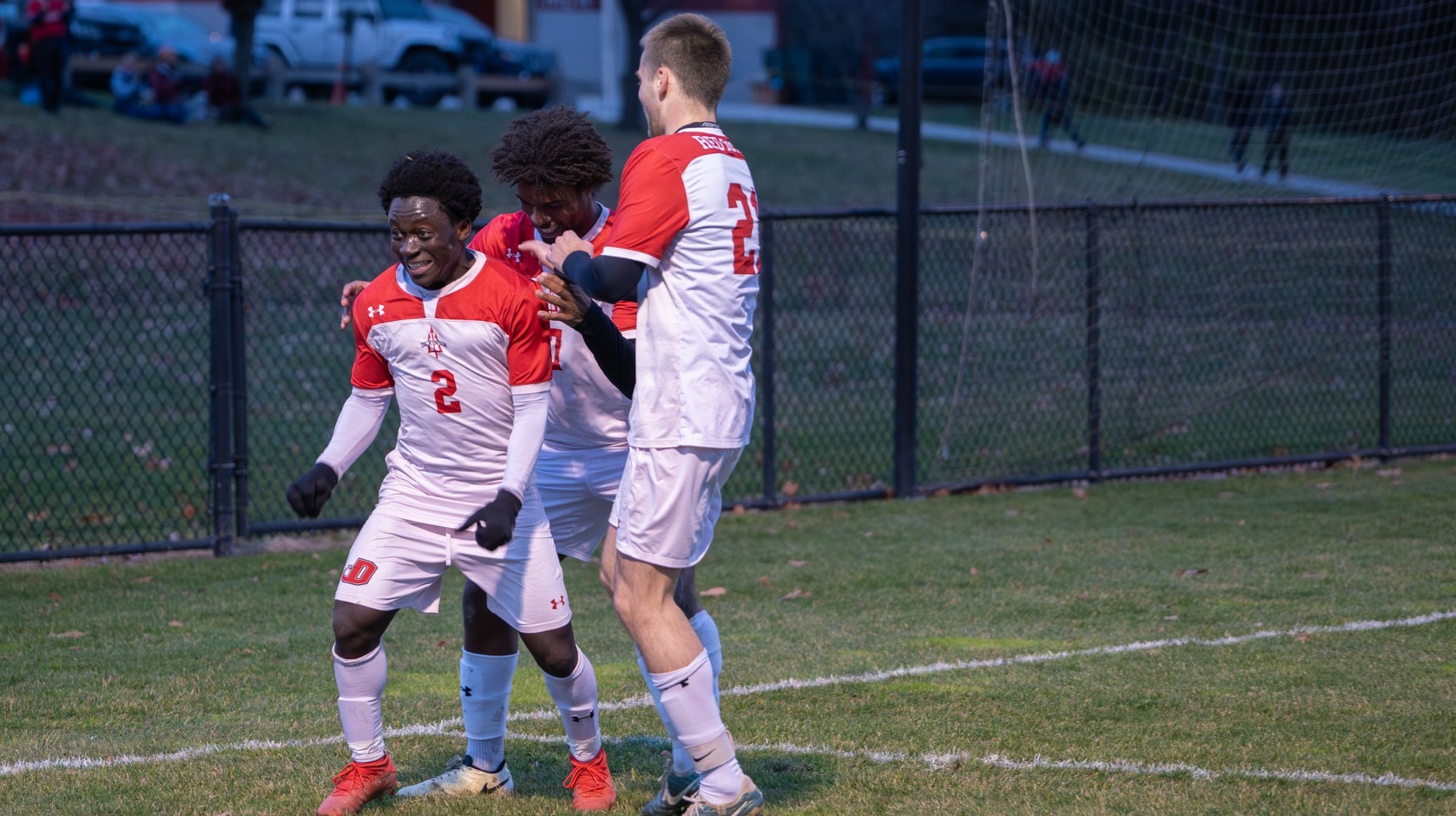 Nicholas Dwamena running towards the corner flag after scoring the second goal against Buffalo State on 11-23-24