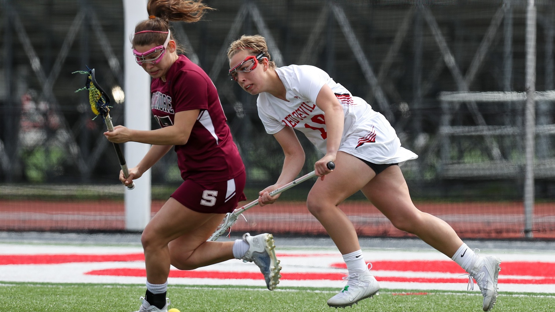 Mia Seergae going for a loose ball against Swarthmore College during the 2023 season