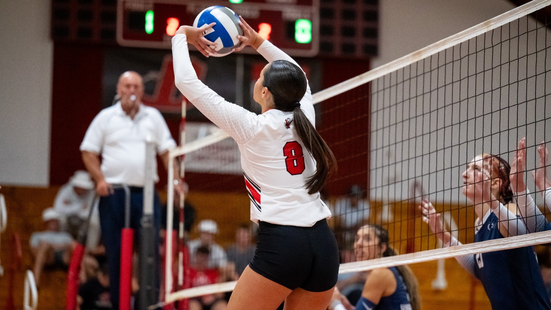 Lora Flynn setting the ball against Penn State-Harrisburg during the 2025 season
