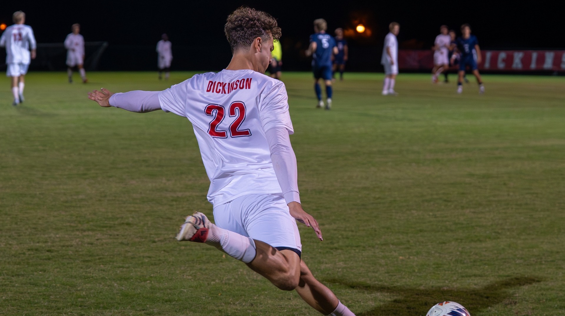Rowan Jensen getting ready to take a free kick against Lebanon Valley College on 10-8-25