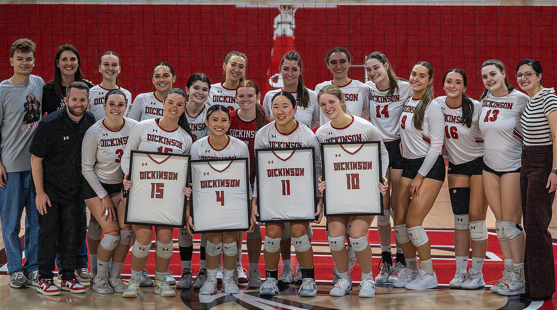 Dickinson Volleyball Senior Day group shot with Coach McMonagle on 11-8-25 against Washington College.