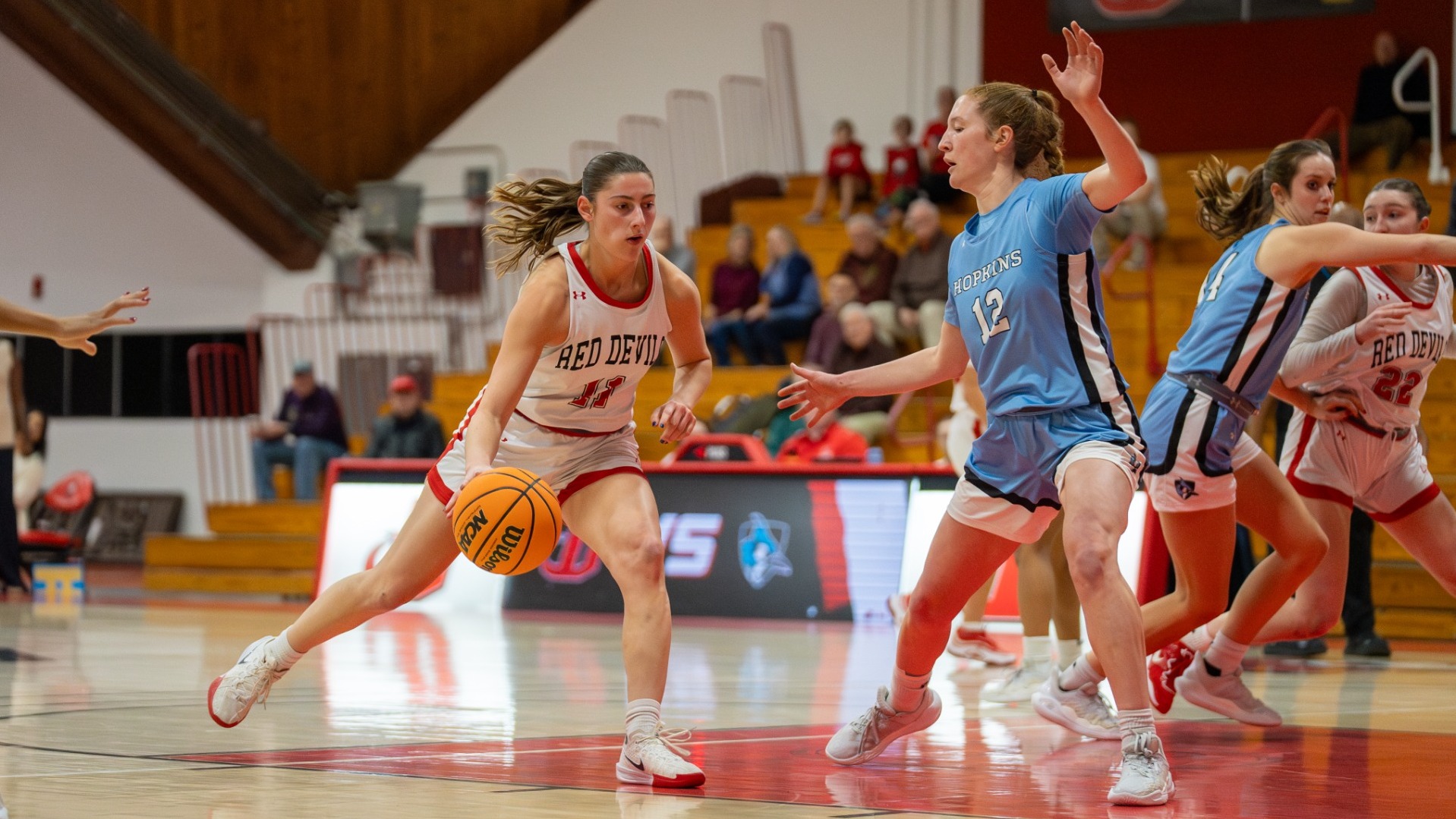 Victoria Zerbe entering the paint against Johns Hopkins University on 1-29-25