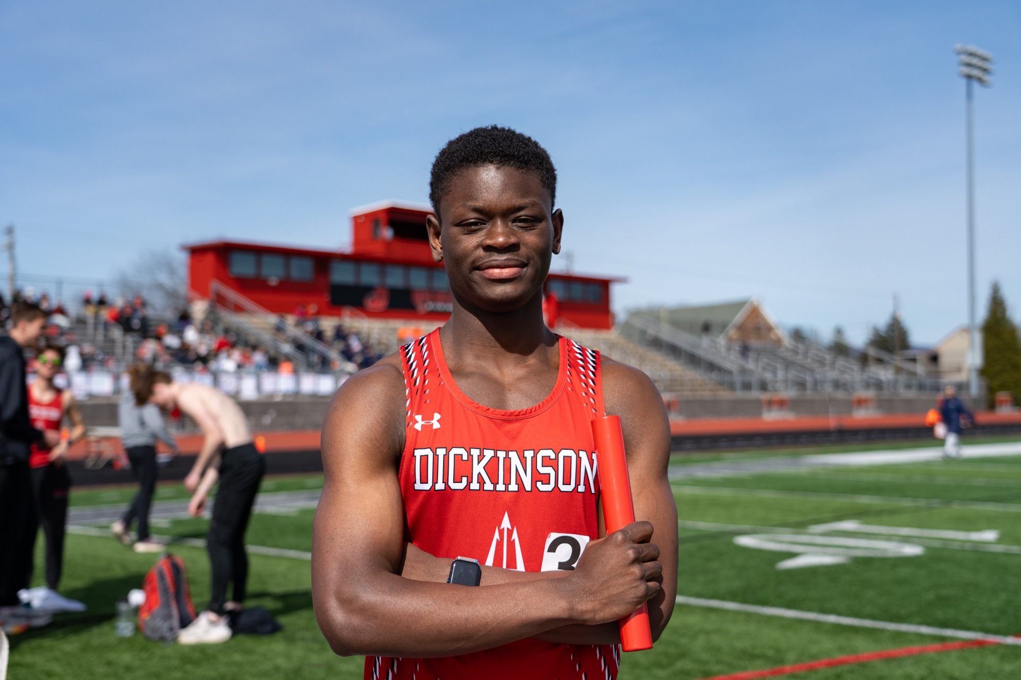 Franklyn Akabi-During after a relay during the 2025 Little Three Championship at home on 3-23-25