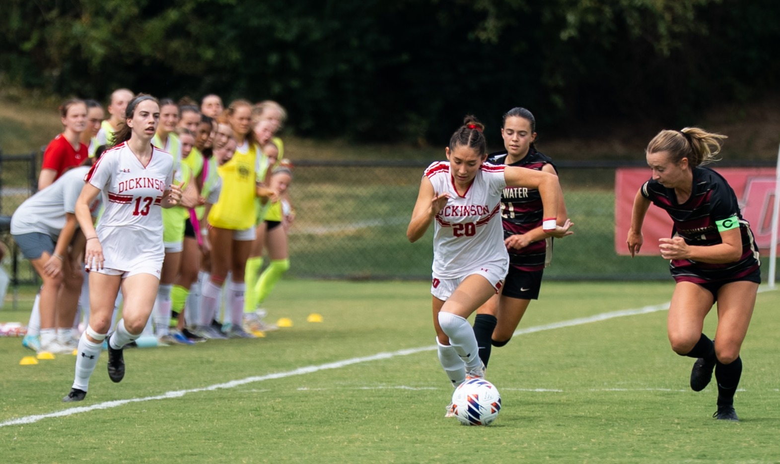 Isabelle Barison on the dribble up the sideline against Bridgewater College on 9-6-25
