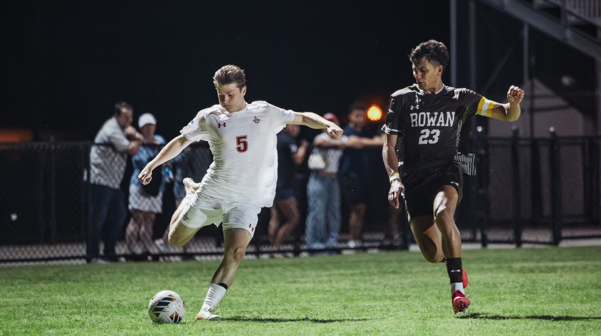 Roan Harrington getting ready to kick the ball against Rowan University on 9-4-26