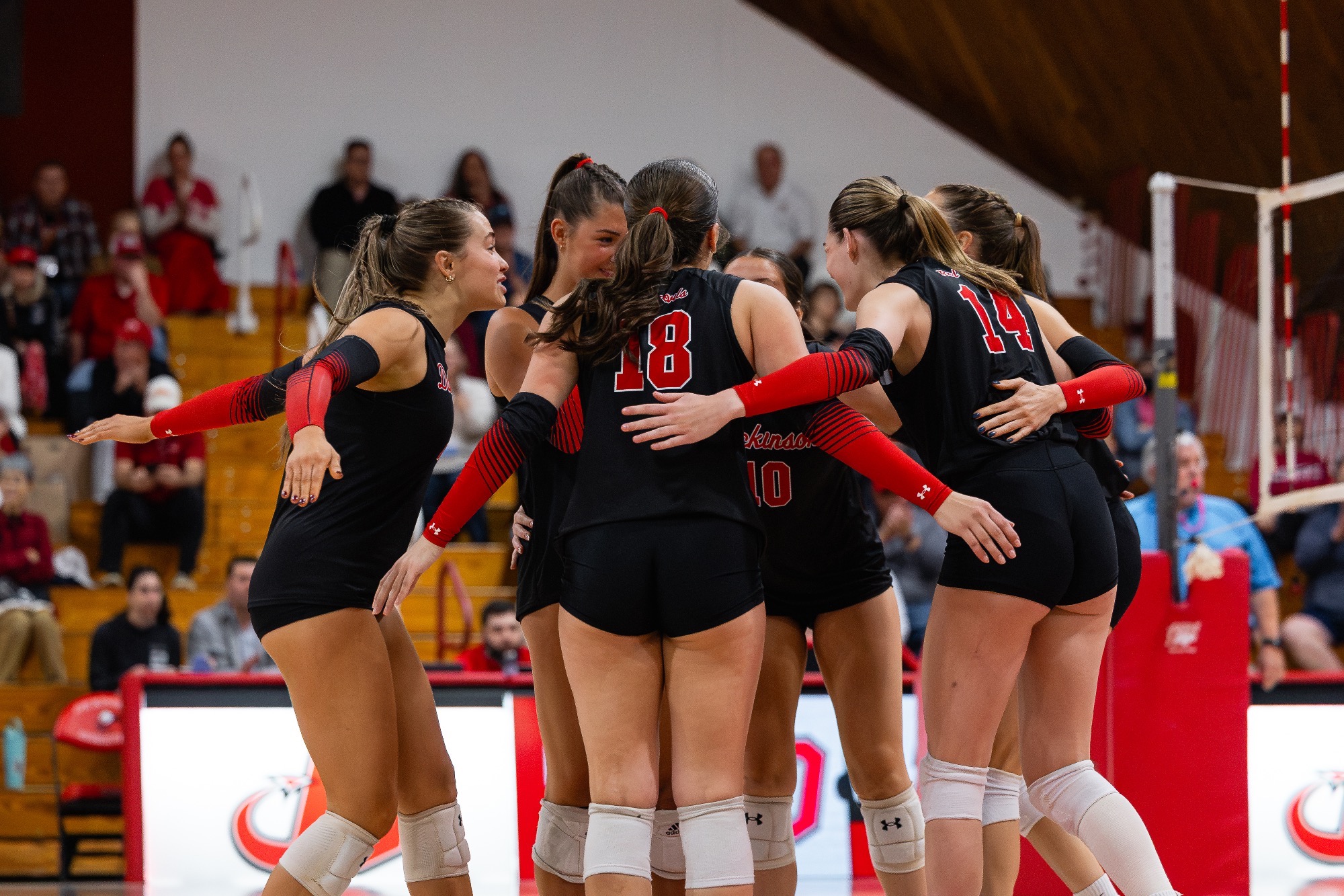 Dickinson Volleyball Team huddle during a match against Haverford