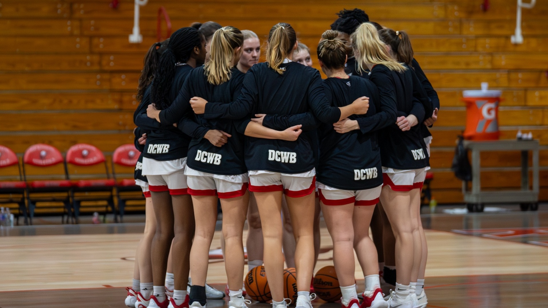 Dickinson women's basketball pre-game team huddle against McDaniel College on 2-24-26 in the 1st Round of the Centennial Conference Tournament