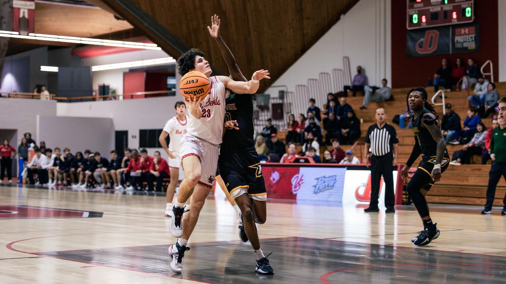 Jacob Pichay going up for a layup against McDaniel College at the Kline Center on 1-14-26