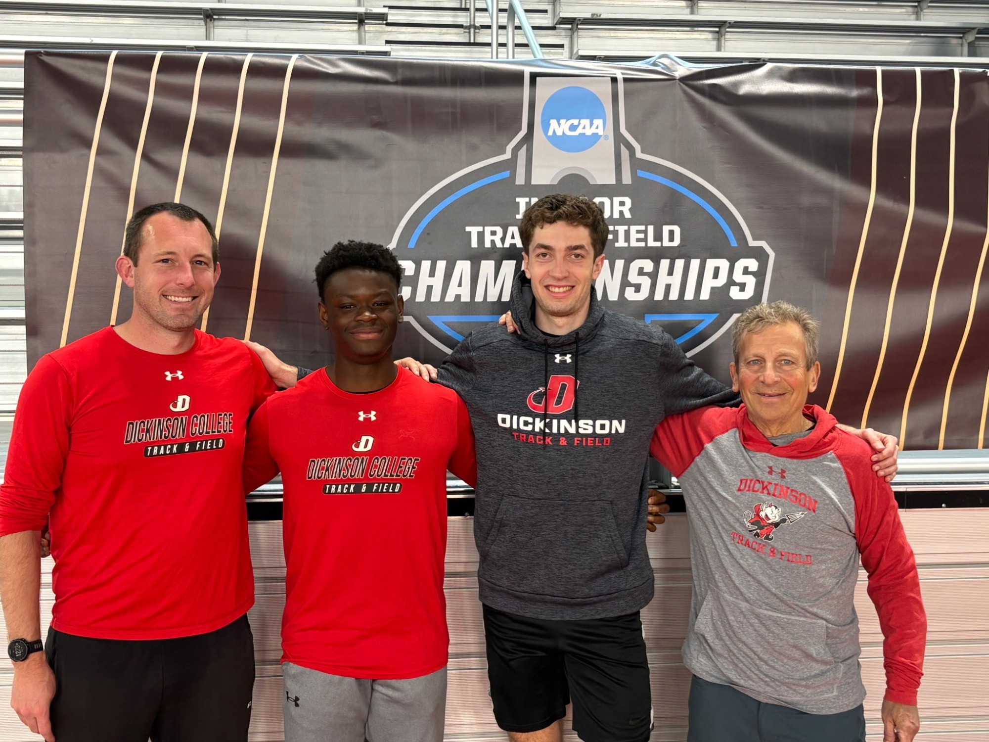 Trevor Richwine, Franklyn Akabi-During, Coach Bologa, and Coach Nichter at the 2026 Indoor Track and Field Championships