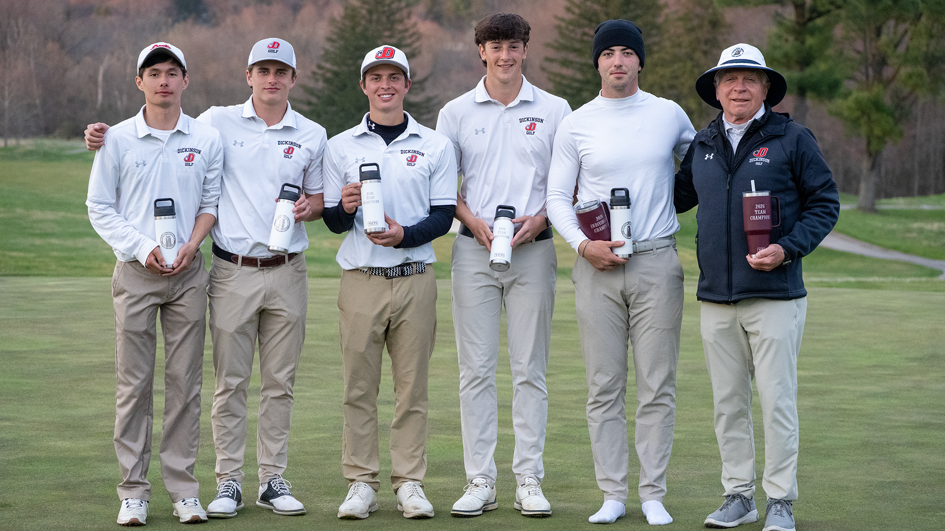 Dickinson men's golf team celebrating the win at the Swarthmore College Invitational on 3-30-26