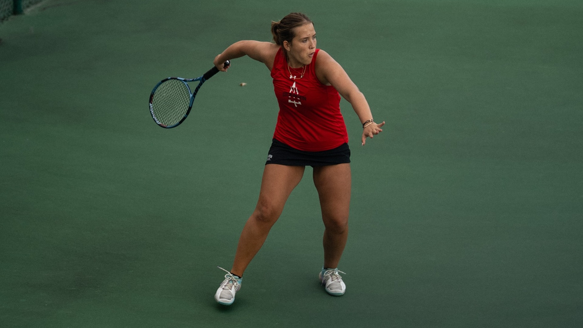 Merve Uyumazturk going for the forehand shot against Catholic University during the fall of 2025