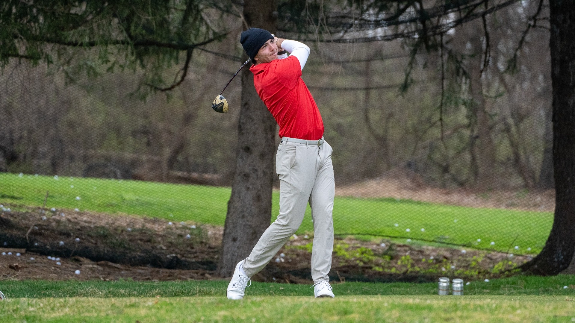 Collin McMahon-Shea finishing up a drive at the Swarthmore Invite on 3-30-26
