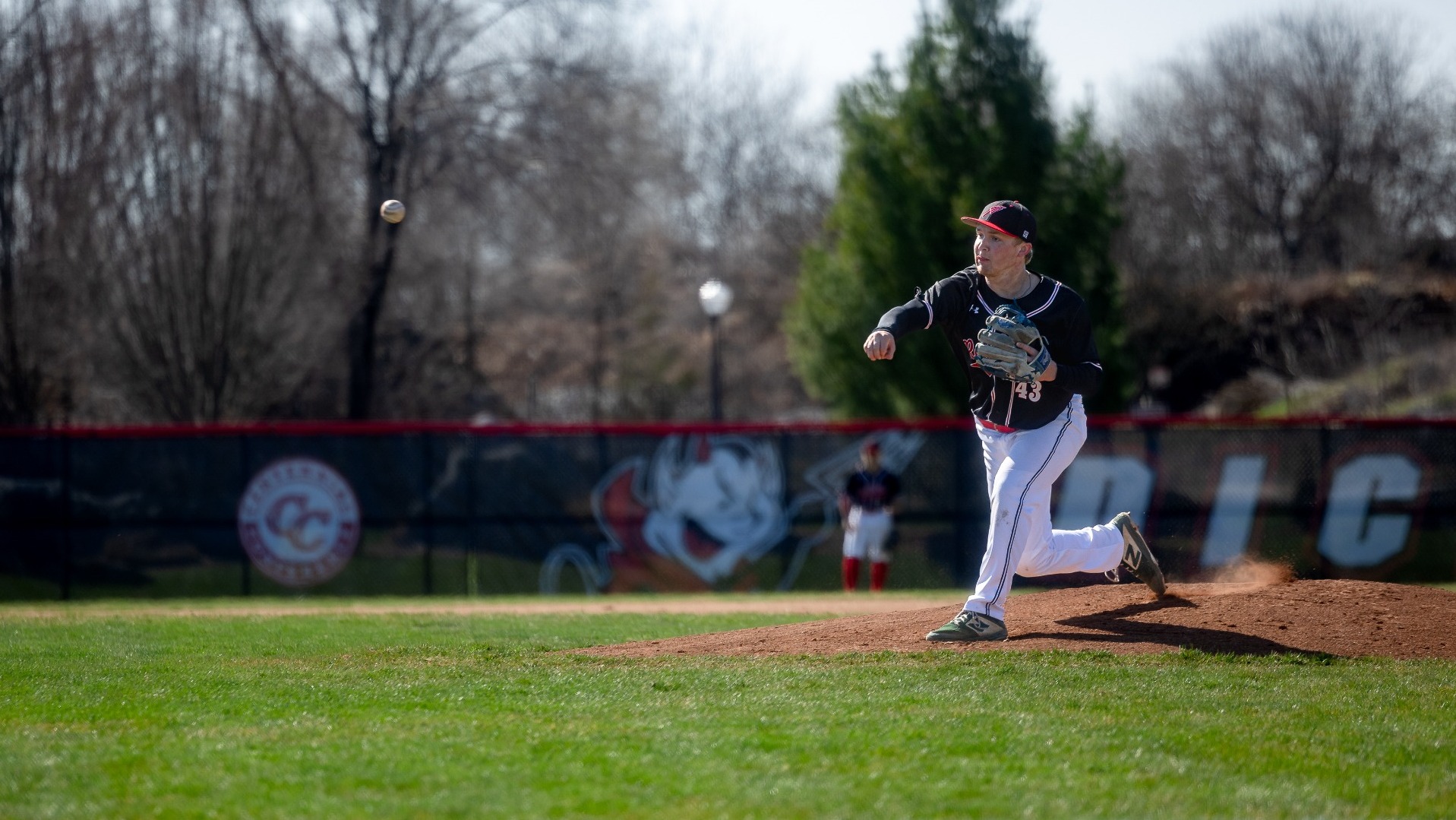 Zander Leckszas making a pitch against St. Lawrence University during the 2026 season
