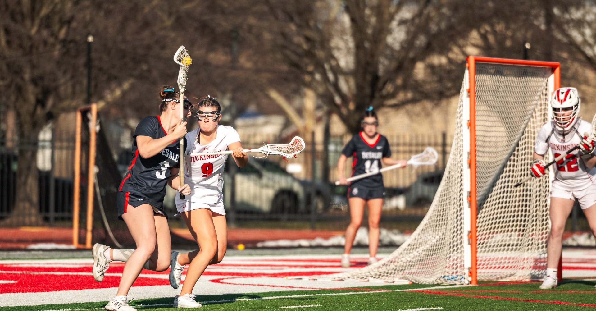 Mia Snellenburg playing defense against DeSales University on 2-28-26