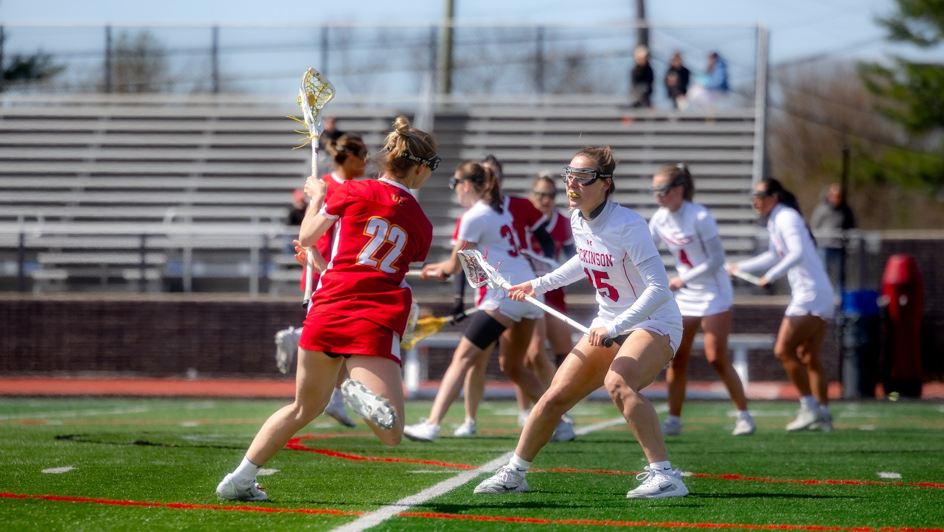 Crawford Fisher pressuring the Ursinus College attacker on 3-28-26