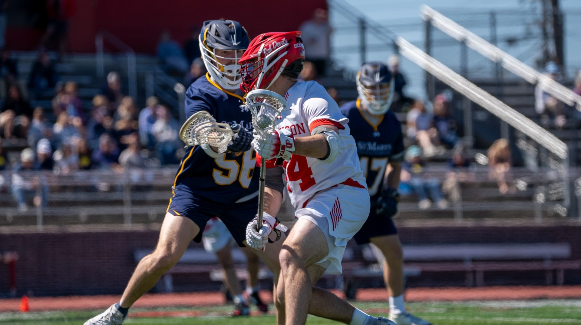 Drew Stark trying to back down a St. Mary's defender on 4-11-26
