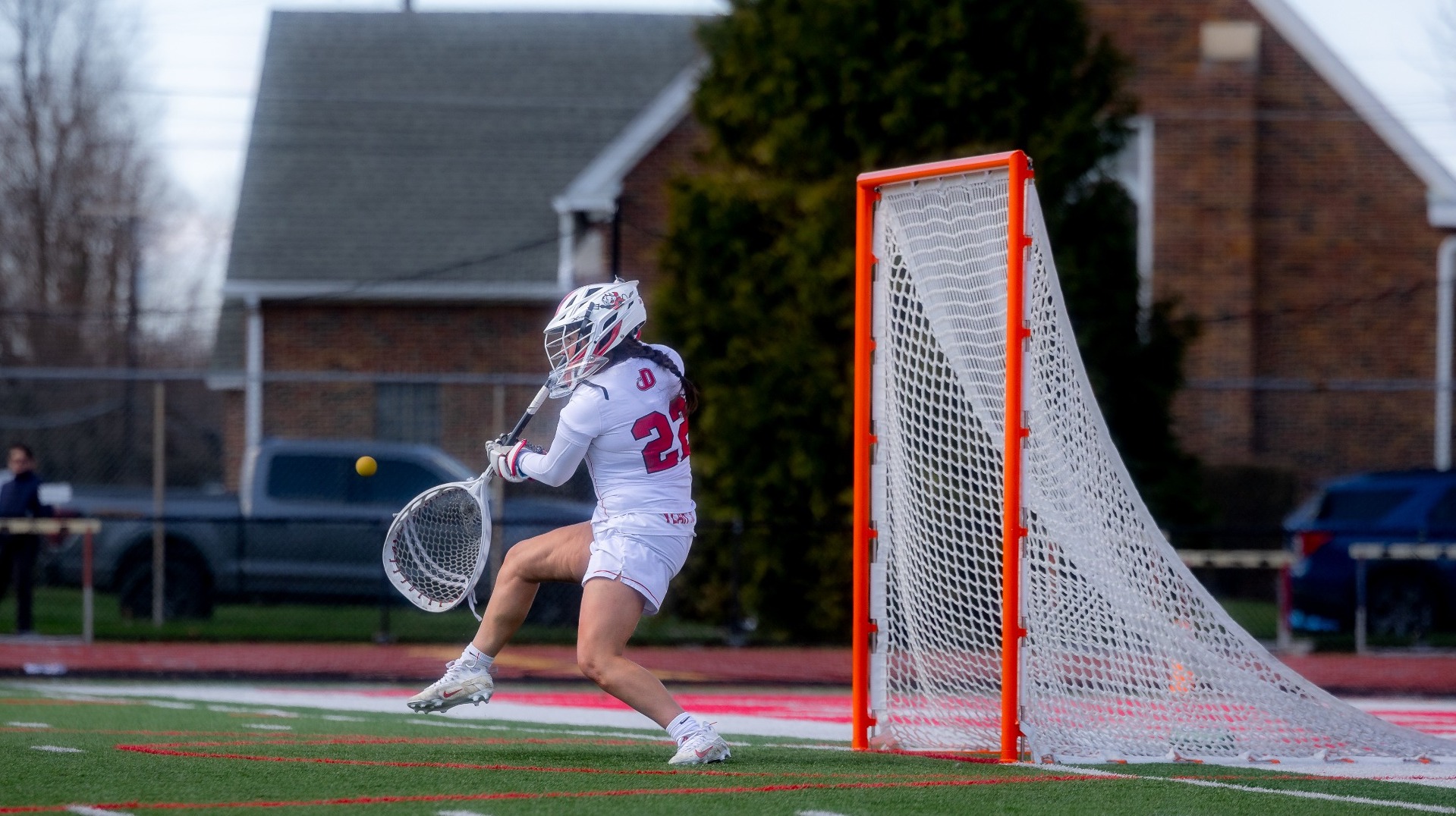 Peyton VanDorpe going to make a save against Ursinus College on 3-28-26