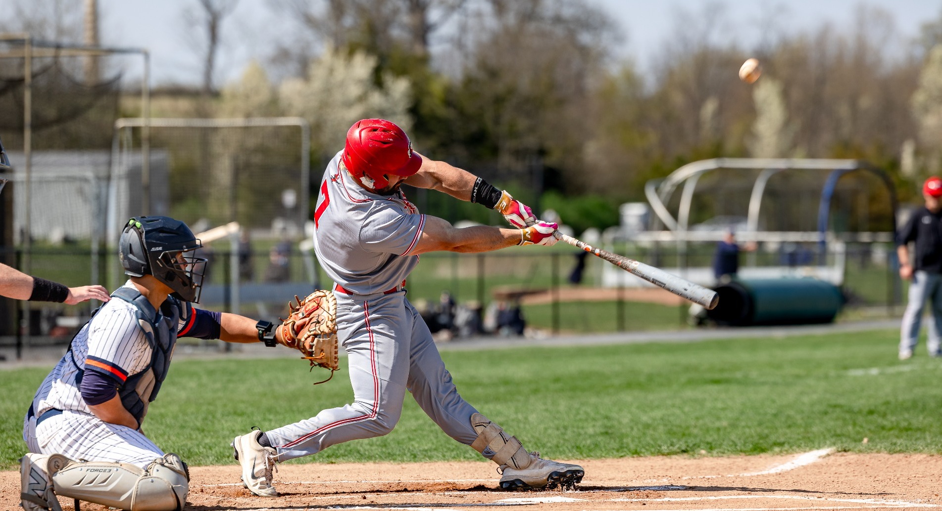 Johnny Bruno swinging at a pitch against Gettysburg College on the road during the 2026 season