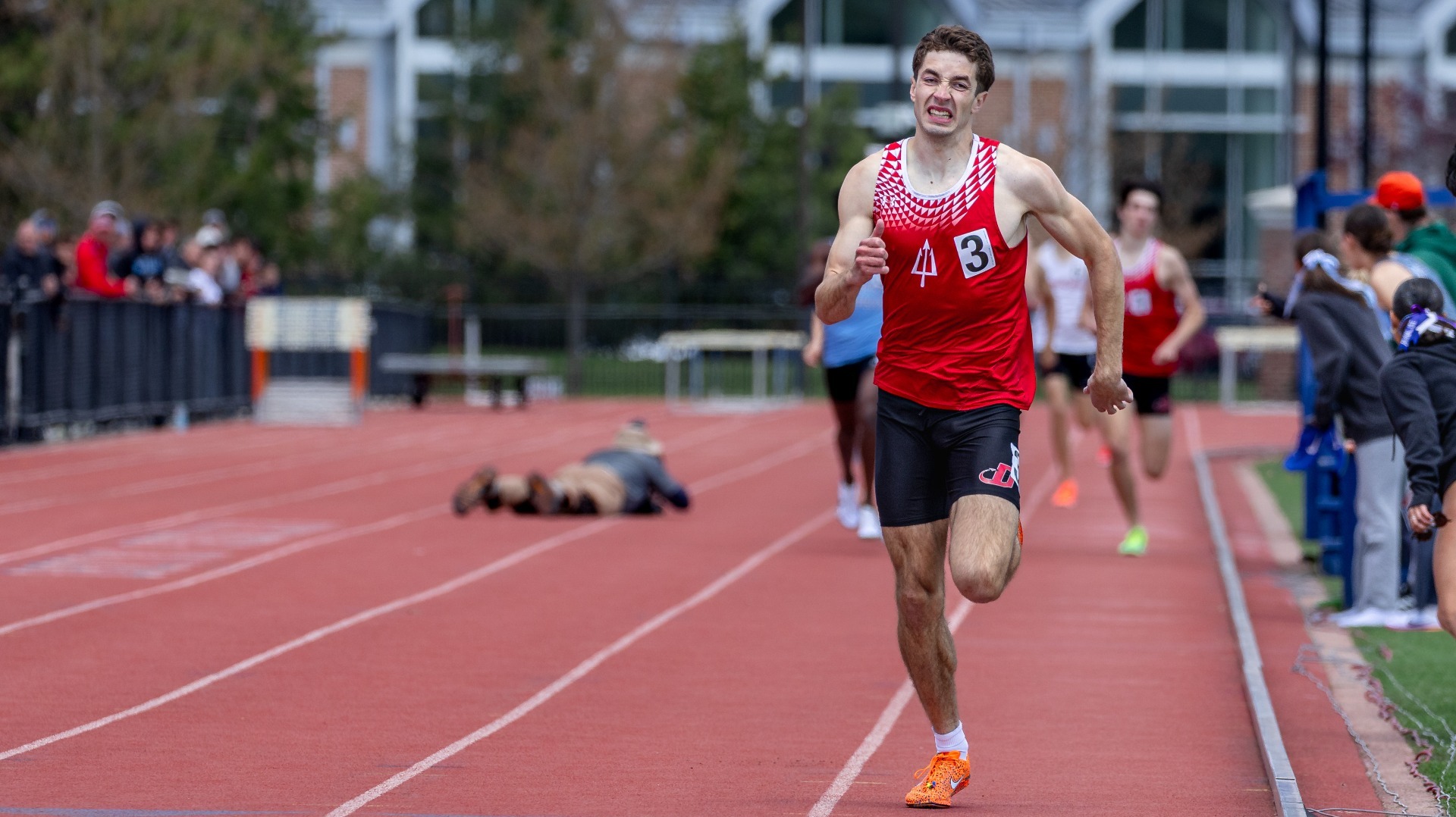 Trevor Richwine during a relay at the Centennial Conference Championships during the 2026 outdoor season