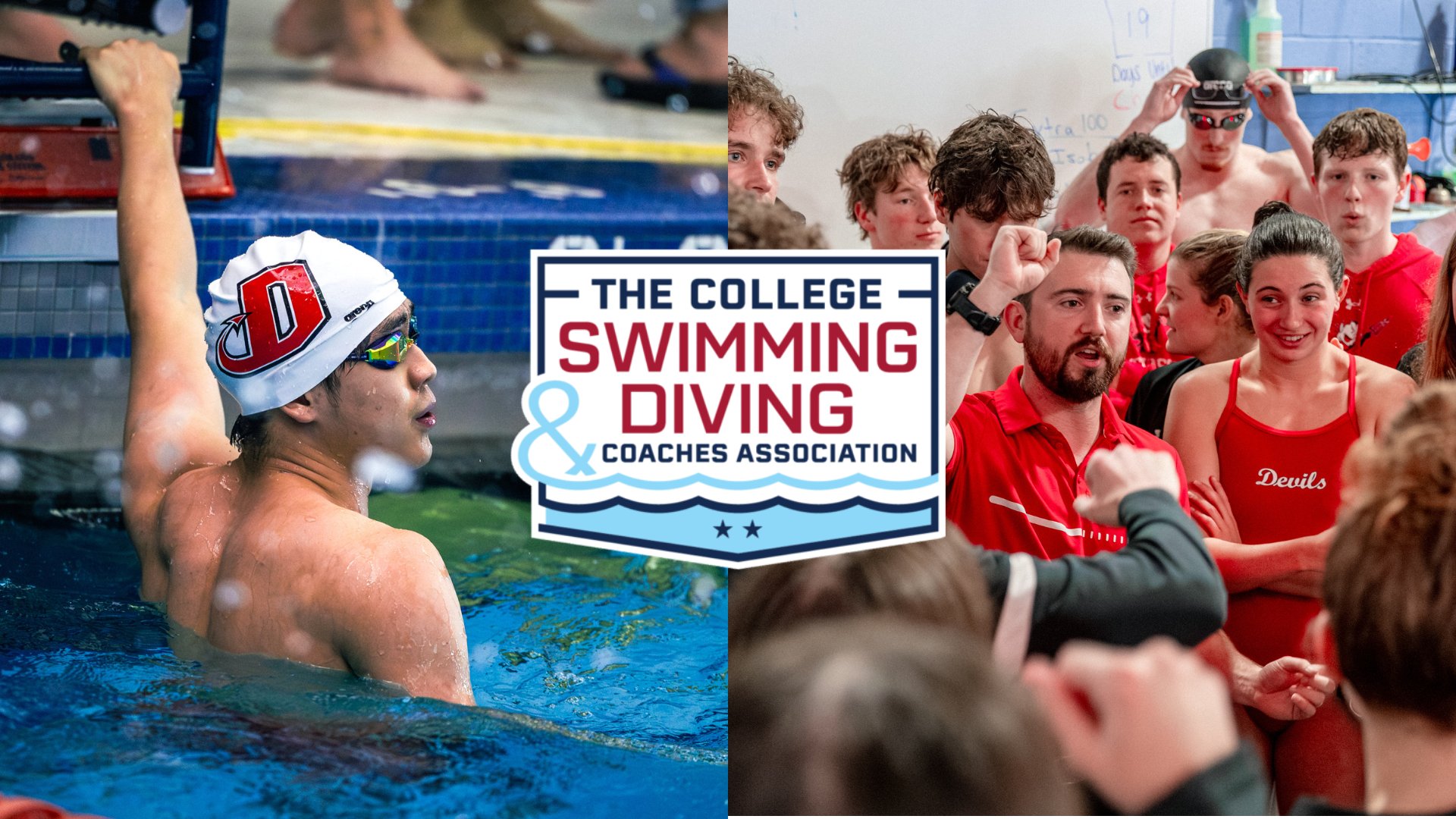 Picture of the 2025-26 Dickinson Swim teams next to an individual action shot of Samson Qu