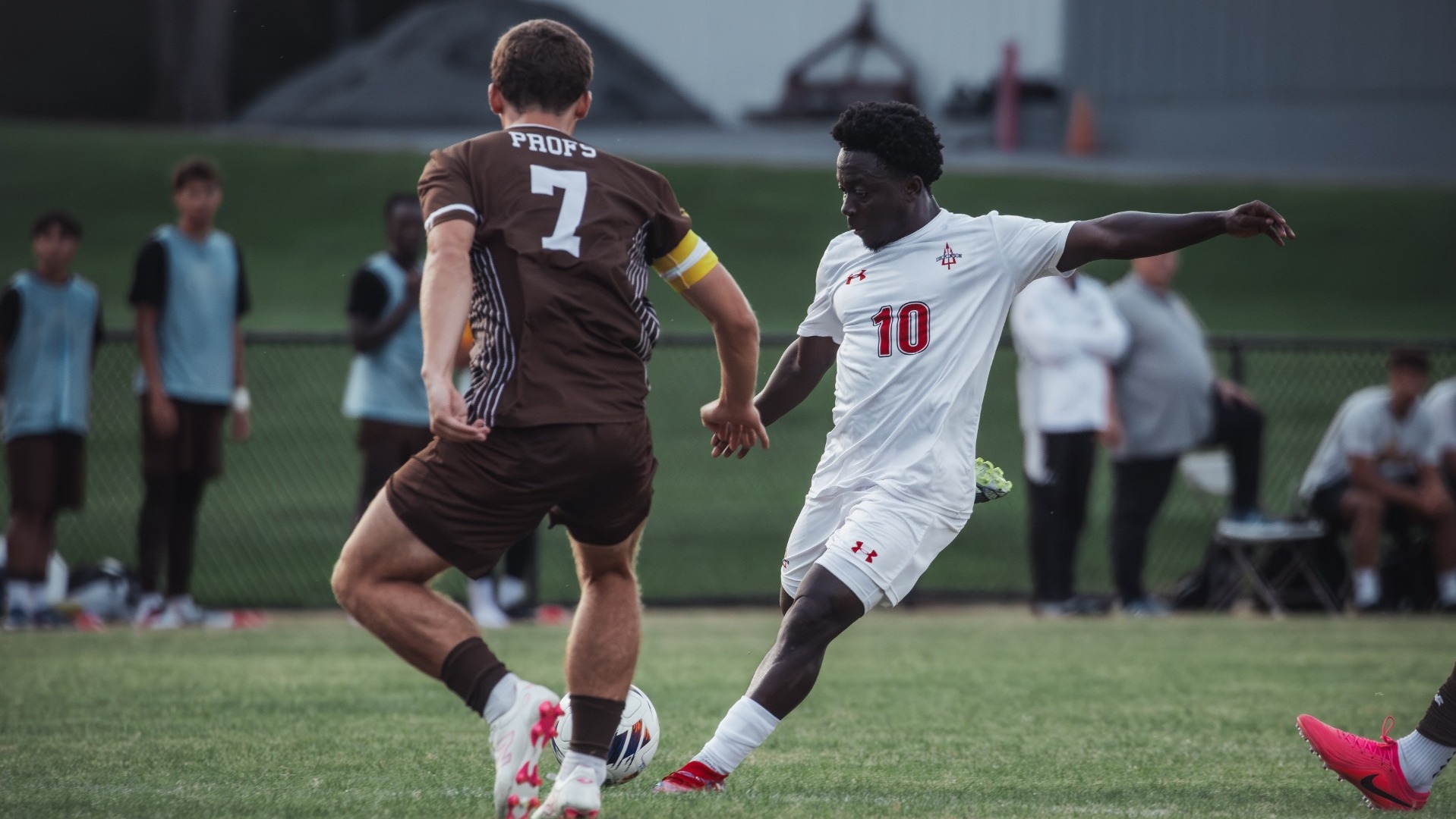 Nicholas Dwamena getting ready to take a kick against Rowan University on 9-4-26