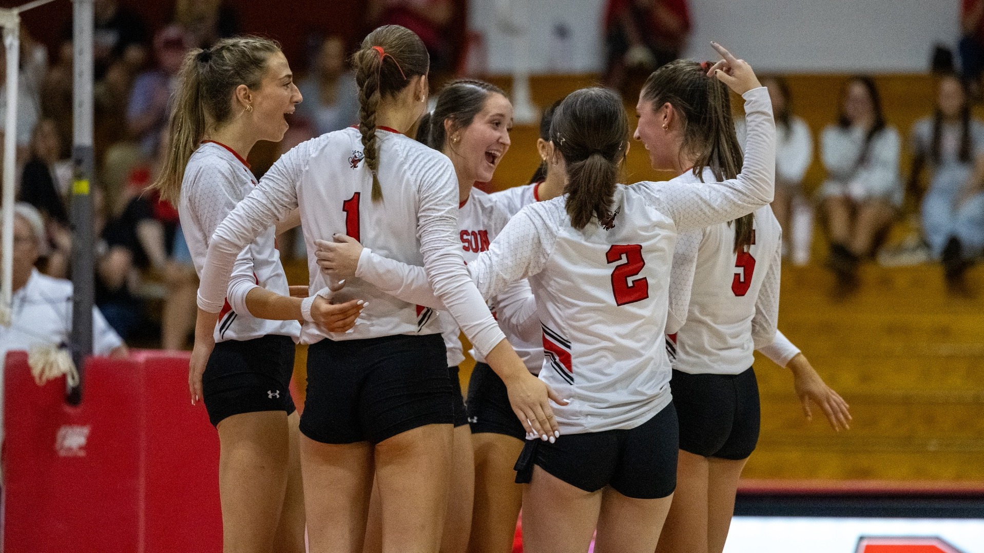 Volleyball team celebrating a winning point against Misericordia University on 9-12-26