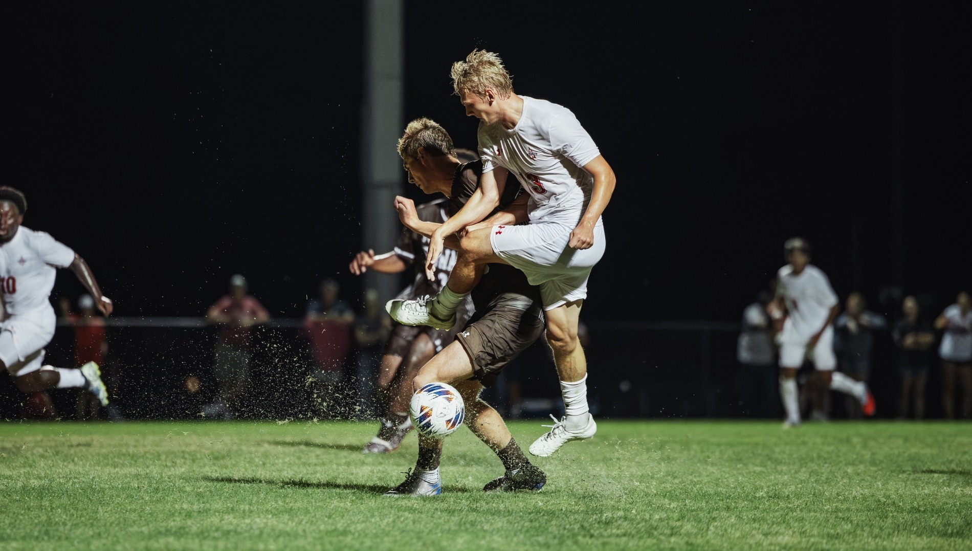 Charlie Roy going up for a ball against Rowan University on 9-4-26