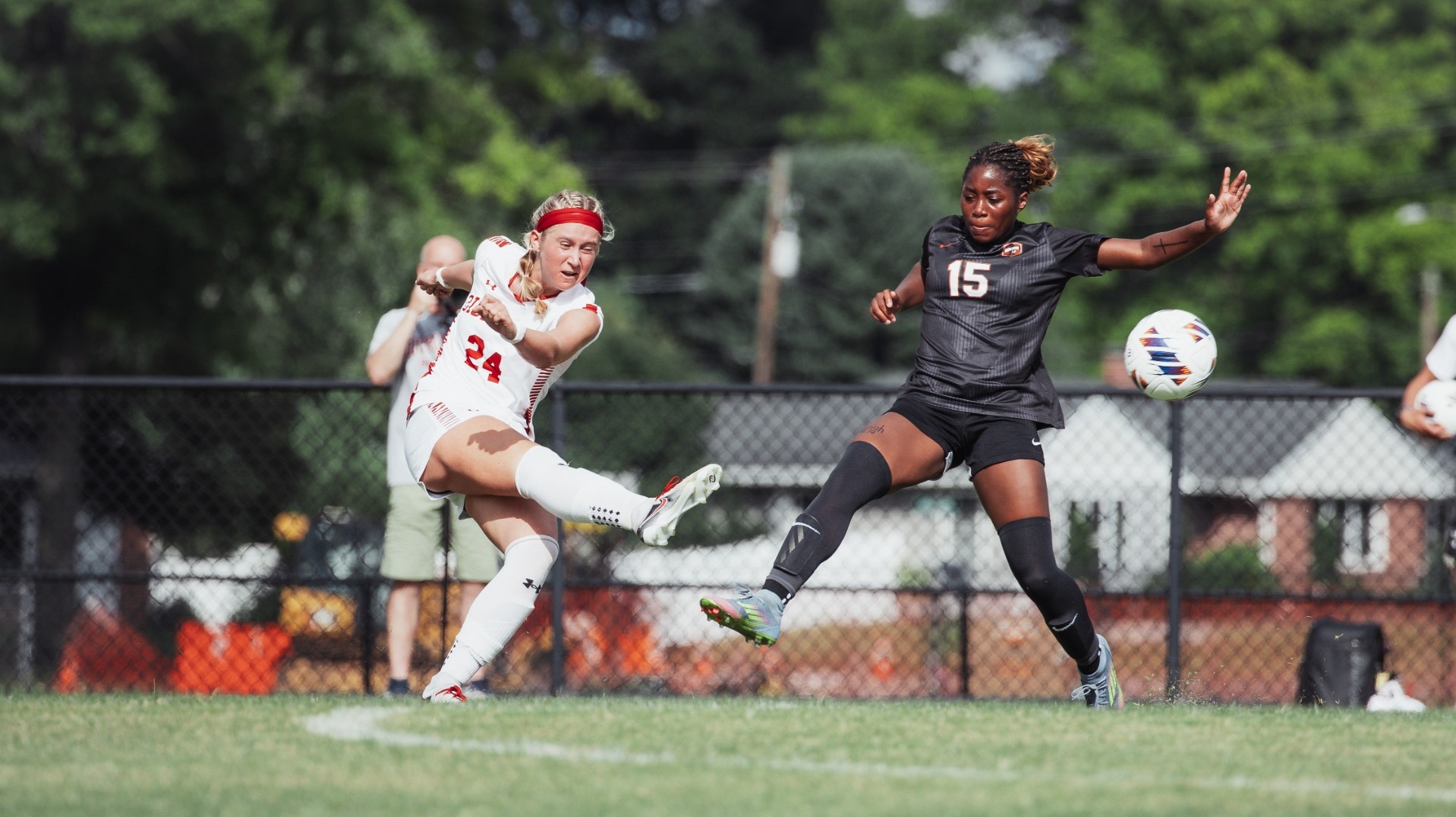 Ava Prisco unleashing a shot against Waynesburg University on 9-4-26