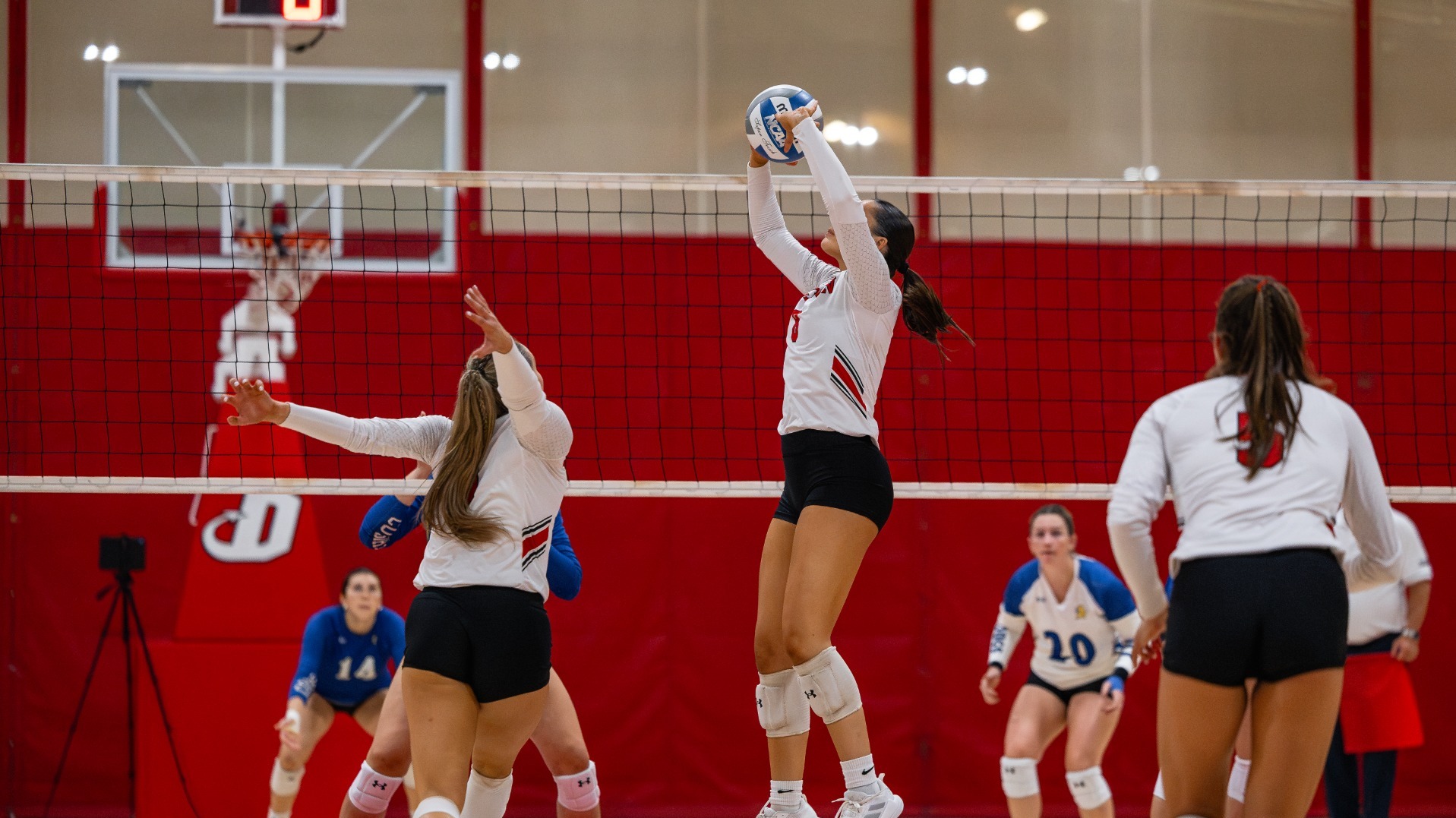 Lora Flynn trying to set the ball against Misericordia University on 9-12-26