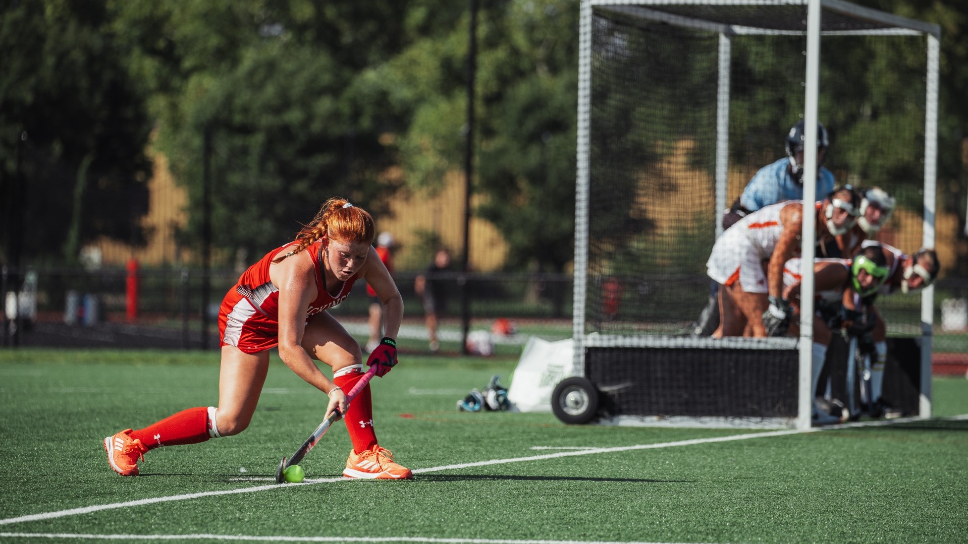 Gillian Rosenstock playing in a corner against Susquehanna University on 9-9-26