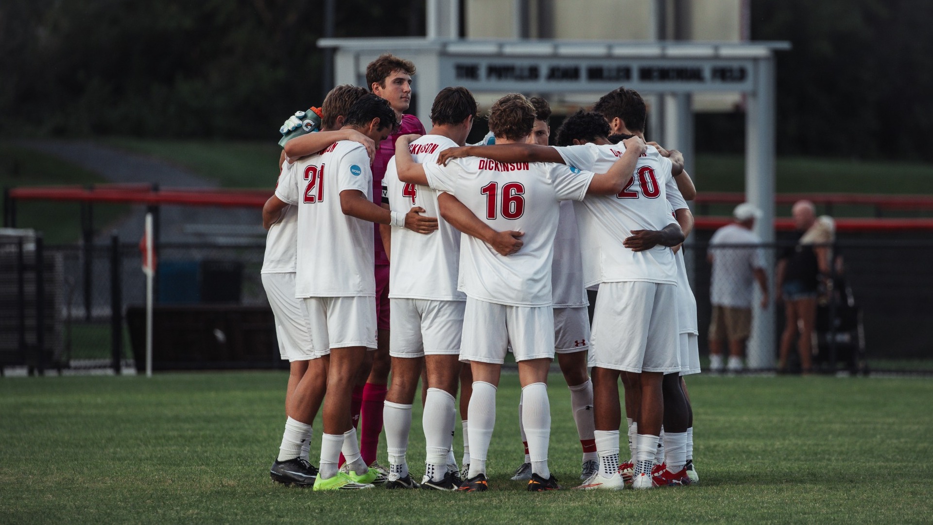 Men's Soccer starting lineup huddle against No. 12 Rowan on 9-4-26