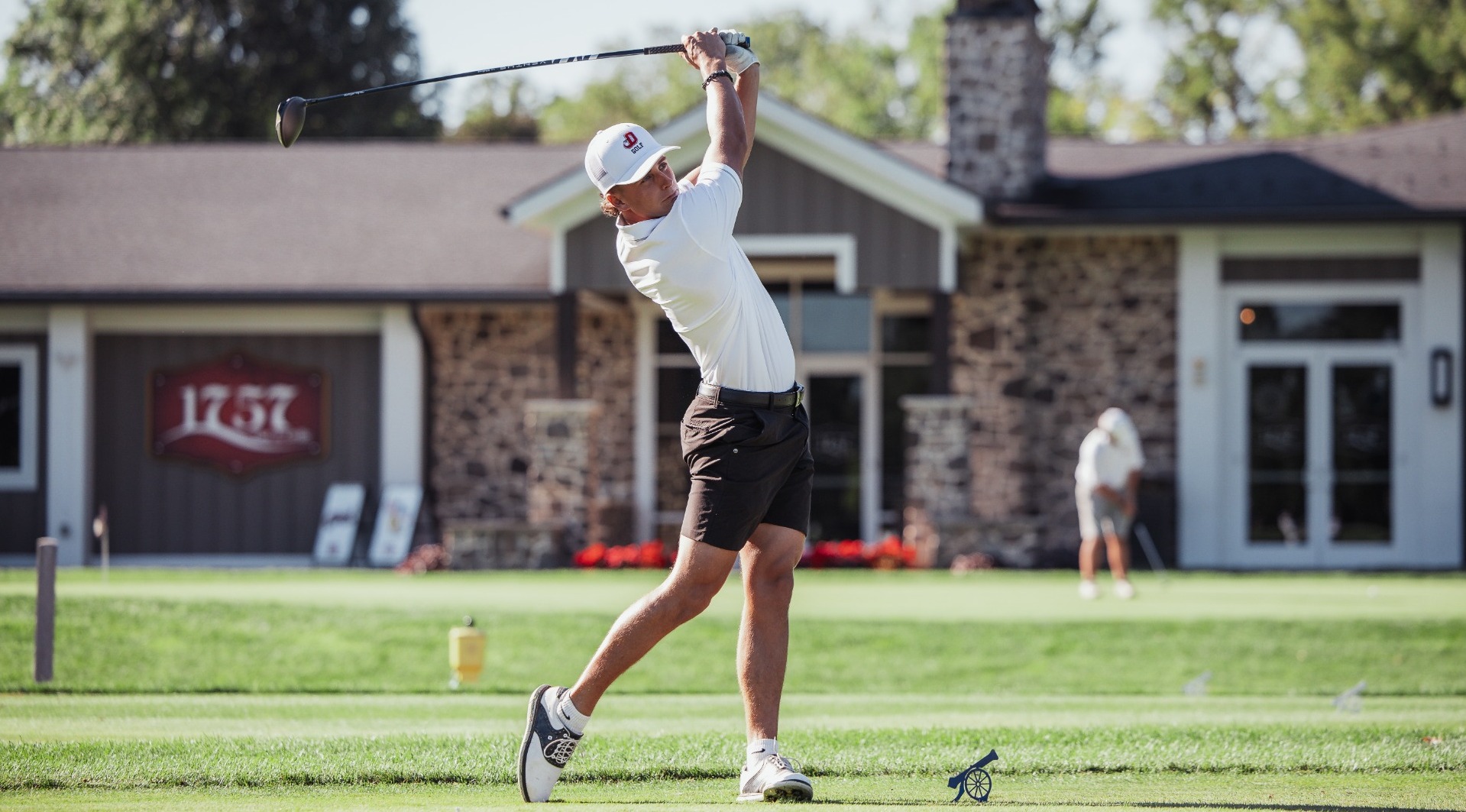 Landon Mauser hitting a tee shot on day two of the Dickinson Fall Invitational at the Carlisle Barracks Golf Club 9-7-26