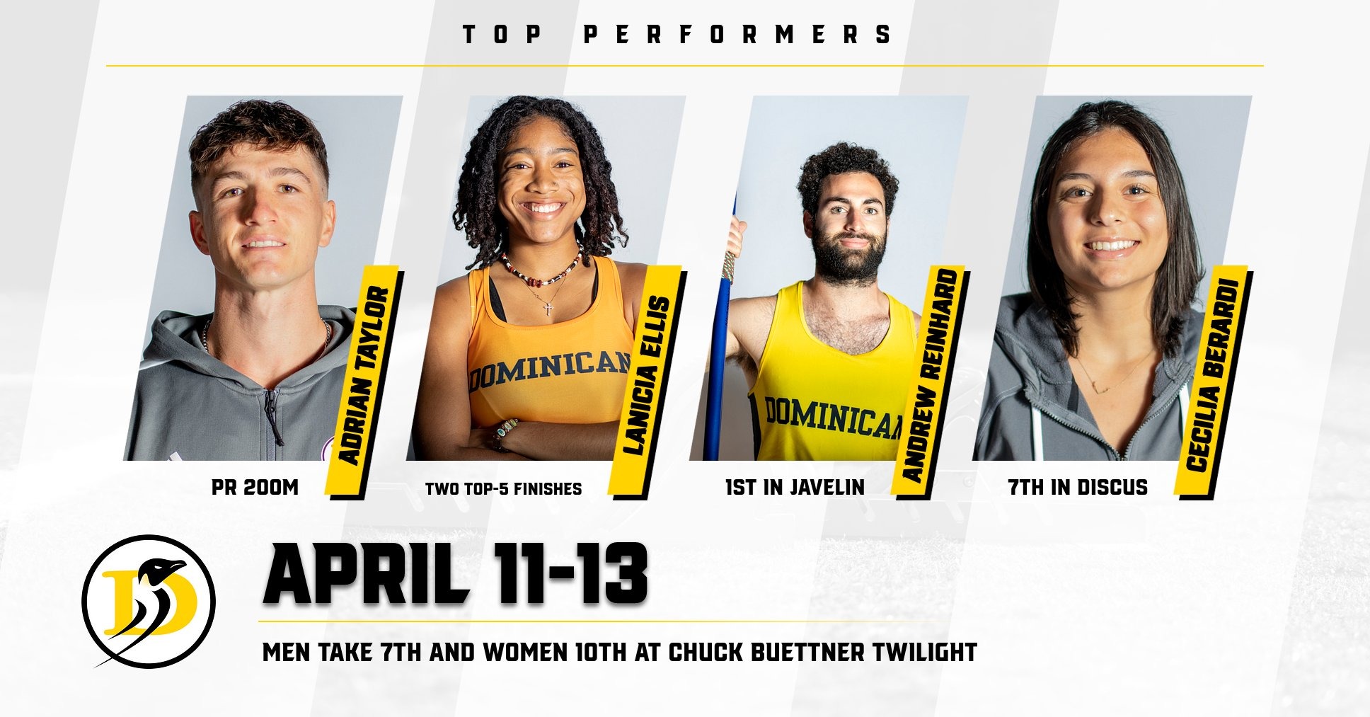 Adrian Taylor, LaNicia Ellis, Andrew Reinhard and Cecilia Berardi earn top performers for events April 11-13