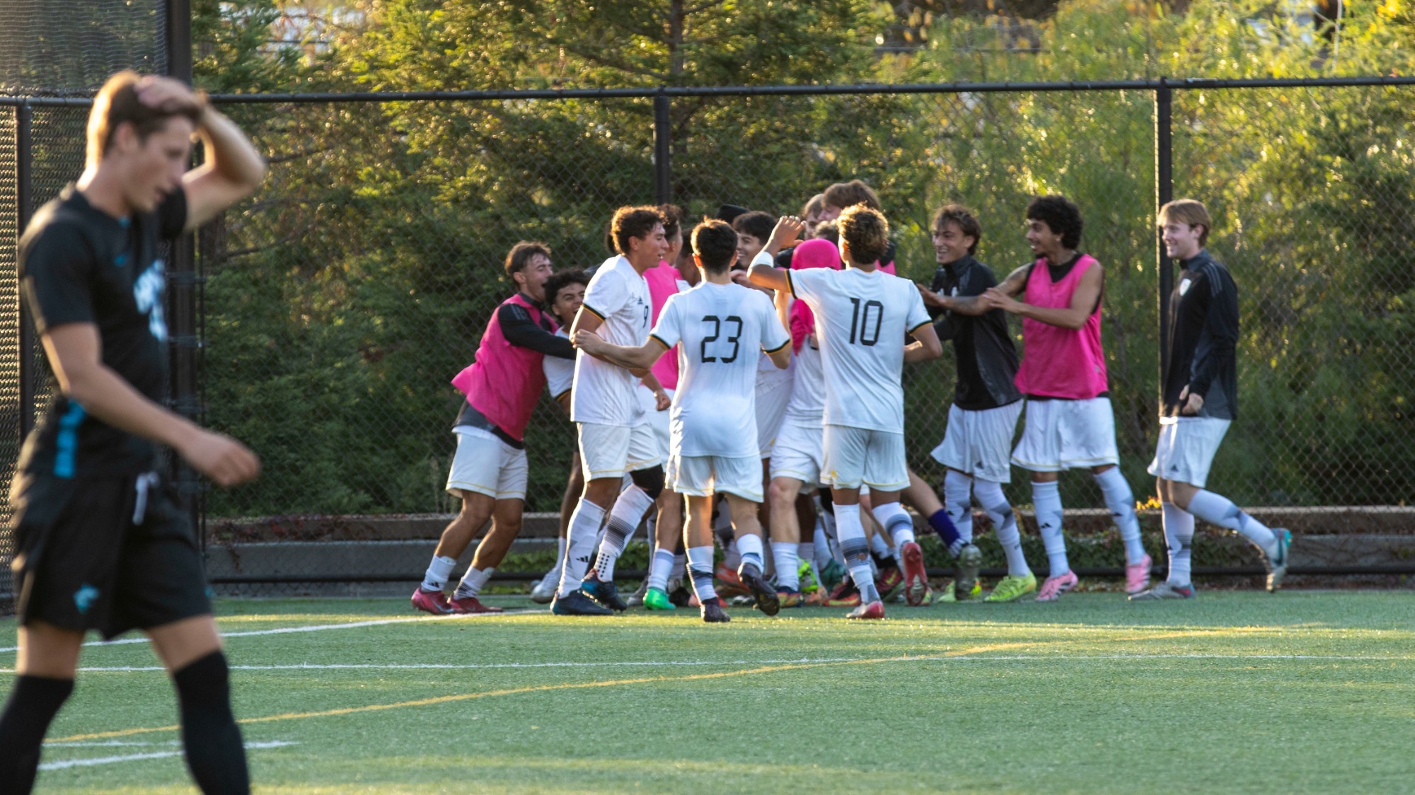 Dominican's team celebrates Ben Schumann's game winner over HPU