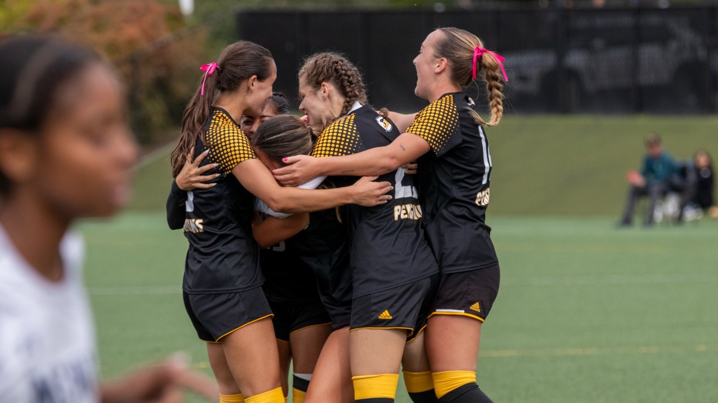 The Penguins celebrate a goal on senior day