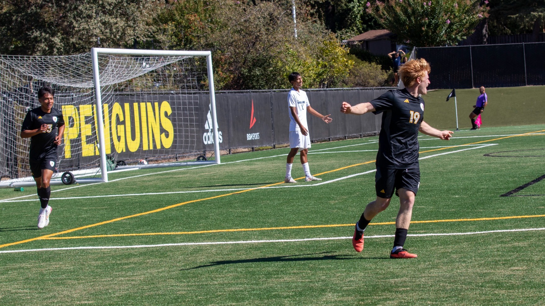 Jake Kazlauskas celebrates Sebastian Jaral's opening goal as Kazlauskas finished the game with a goal and an assist