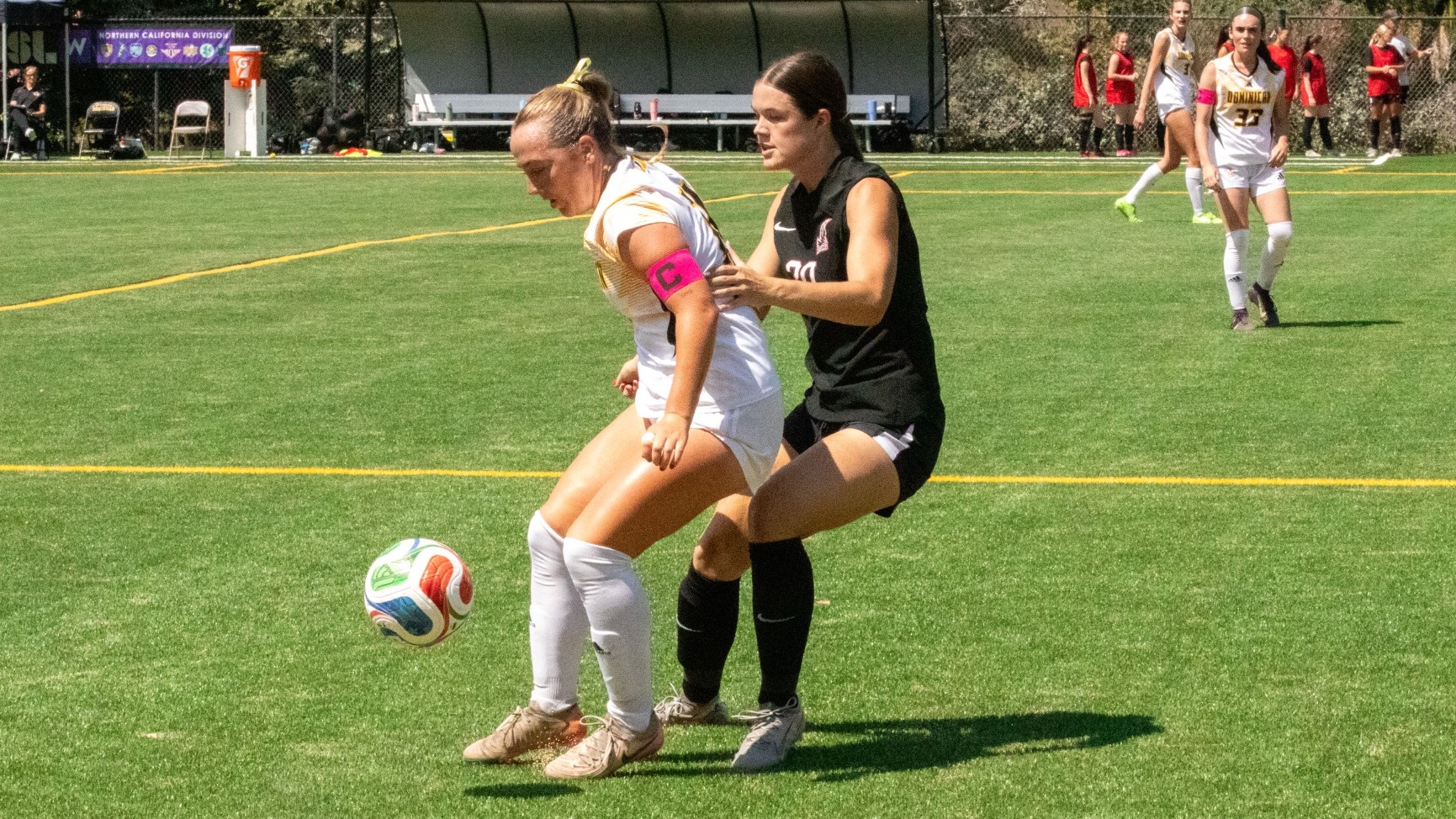 Janae Schwan screens a defender from the ball as she goes on the attack