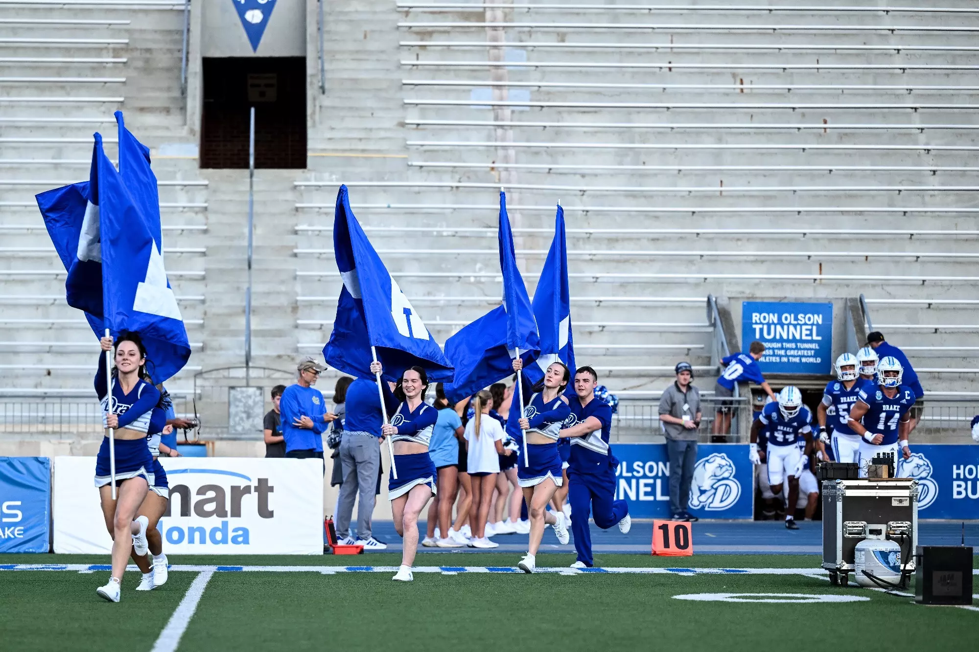 The Drake University Bulldogs play against Upper Iowa Peacocks during the home opener on Thursday, August 28th, 2025 at Drake Stadium on the campus of Drake University in Des Moines, Iowa.