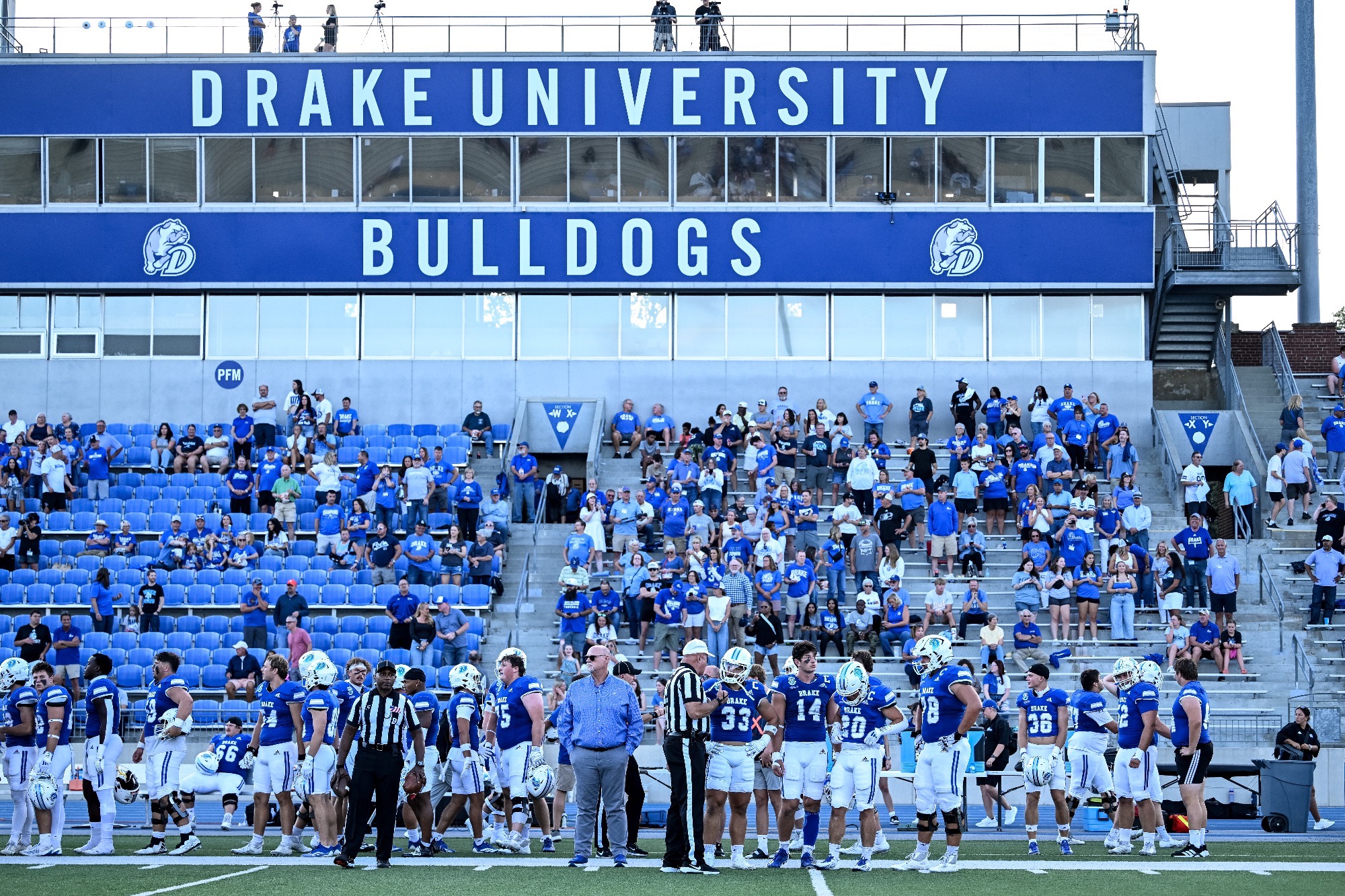The Drake University Bulldogs play against Upper Iowa Peacocks during the home opener on Thursday, August 28th, 2025 at Drake Stadium on the campus of Drake University in Des Moines, Iowa.