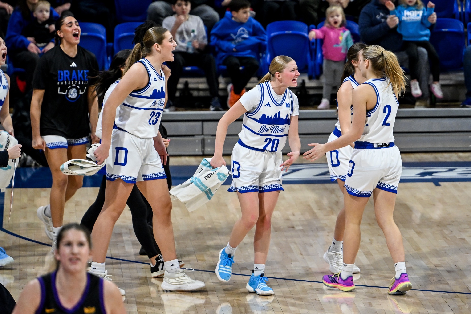 The Drake Women’s Basketball team plays against the University of Northern Iowa during Hometown Weekend on February 1, 2026 at the Knapp Center on the campus of Drake University in Des Moines, Iowa.