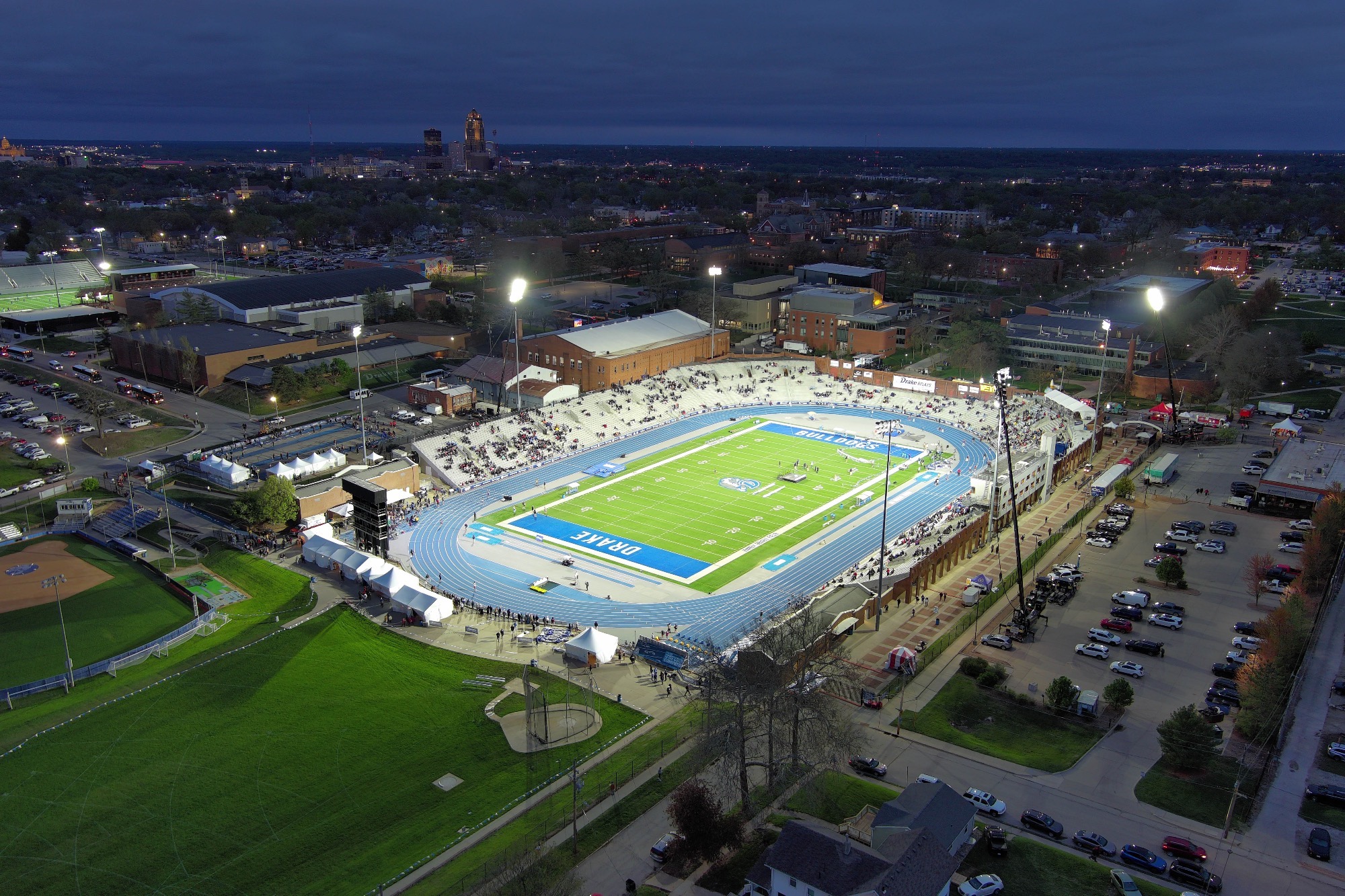 Apr 25, 2025; Des Moines, IA, USA; A general overall aerial view of the 115th Drake Relays at Drake Stadium. Mandatory Credit: Kirby Lee-Imagn Images
