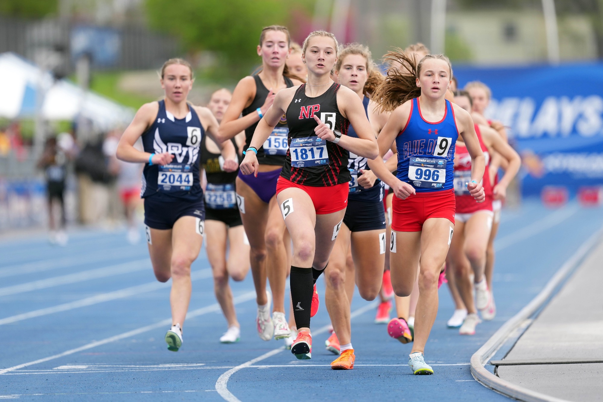 Apr 25, 2025; Des Moines, IA, USA; Kadence Huck ofNashua-Plainfield wins the girls 800m in 2:10.51 during the 115th Drake Relays at Drake Stadium. Mandatory Credit: Kirby Lee-Imagn Images