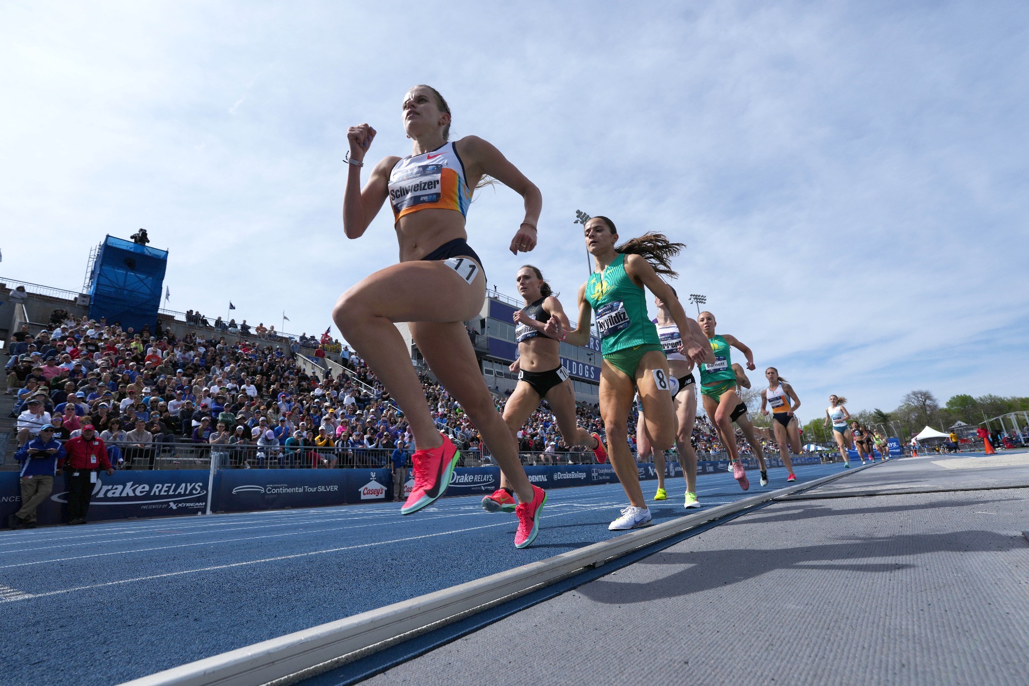 Apr 26, 2025; Des Moines, IA, USA; Karissa Schweizer places third in the women's mile in 4:25.27 during the 115th Drake Relays at Drake Stadium. Mandatory Credit: Kirby Lee-Imagn Images
