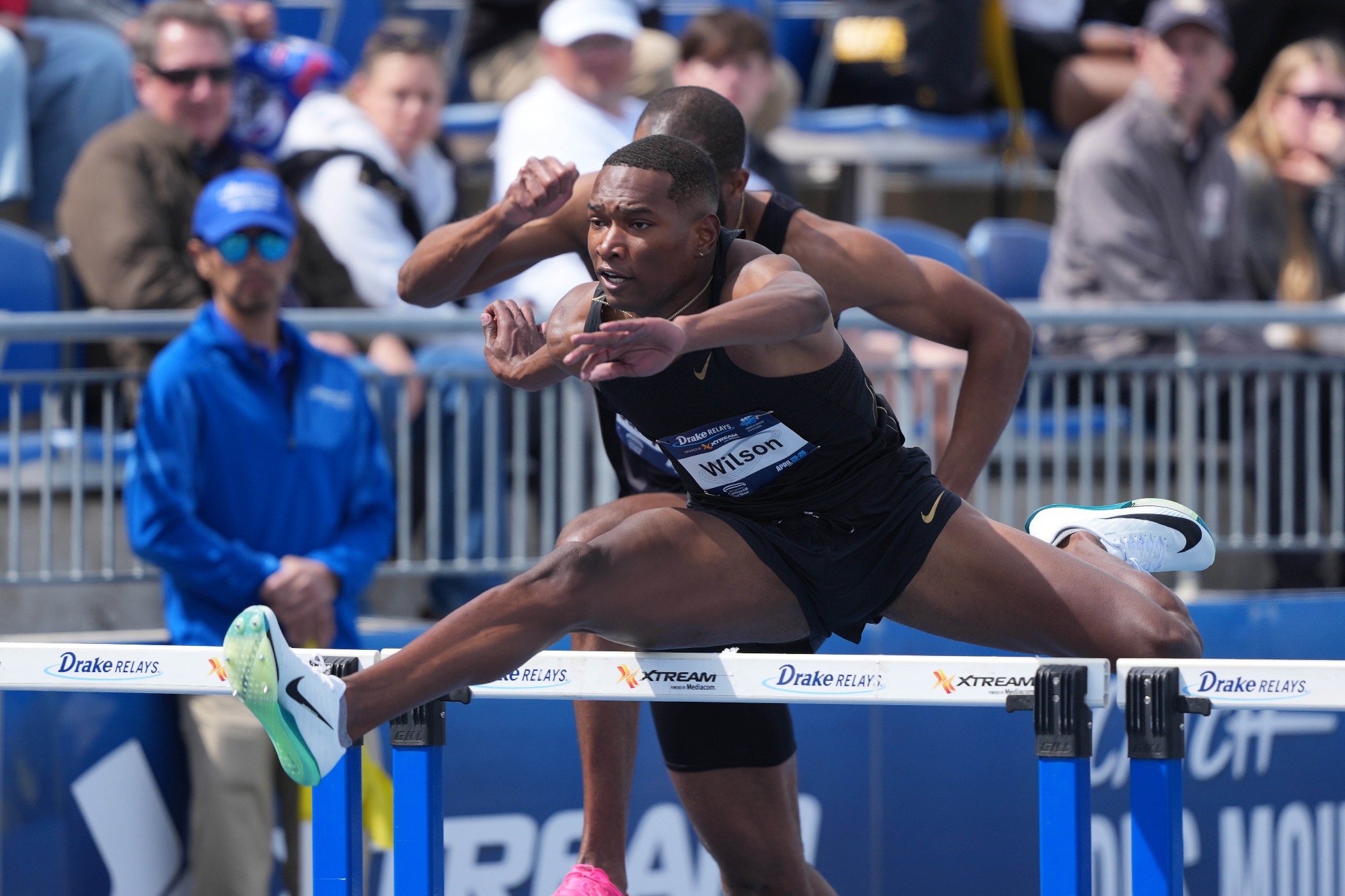 Apr 26, 2025; Des Moines, IA, USA; De'Vion Wilson wins the 110m hurdles in 13.46 during the 115th Drake Relays at Drake Stadium. Mandatory Credit: Kirby Lee-Imagn Images